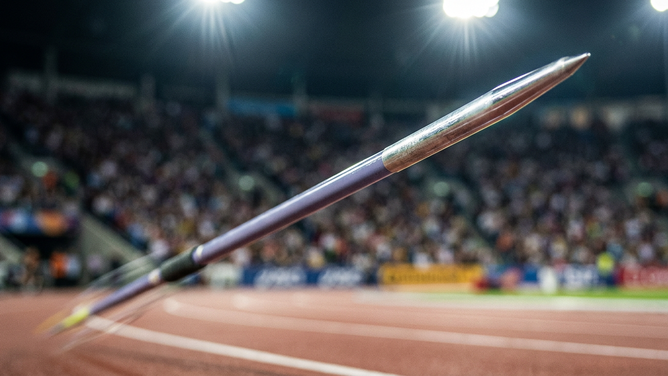 Javelin in flight at a stadium