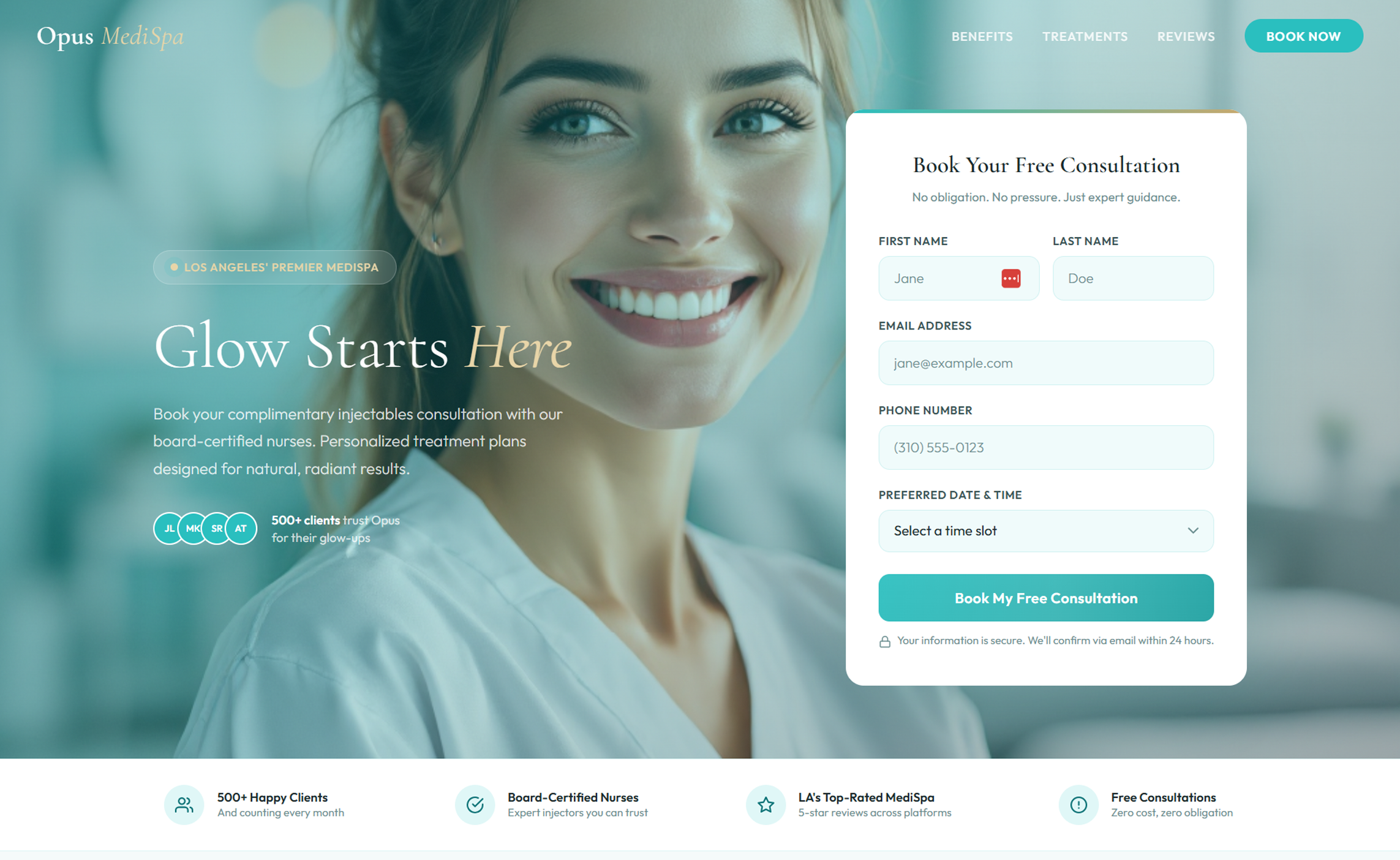 Opus MediSpa sample landing page