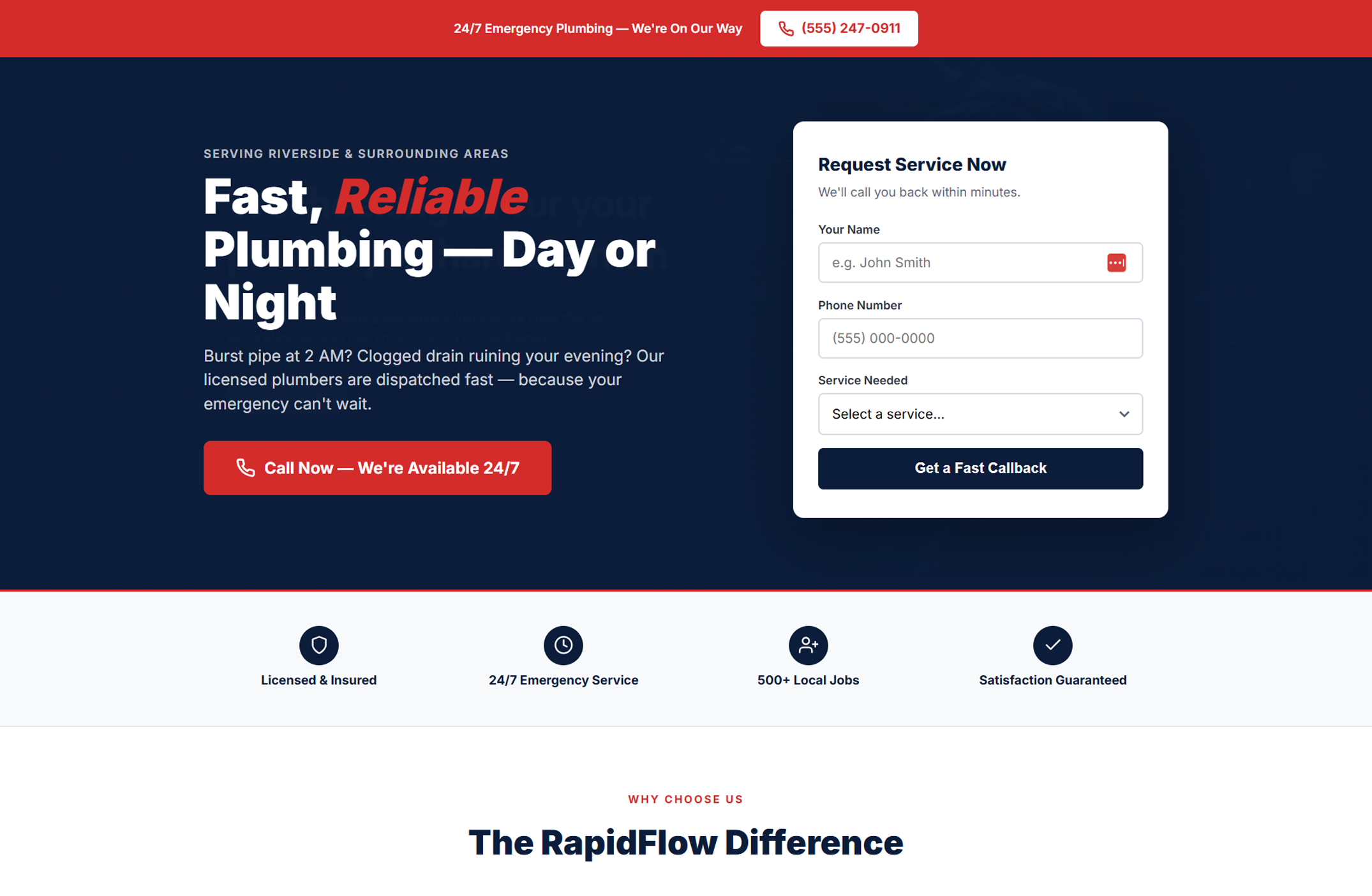 RapidFlow Plumbing sample landing page