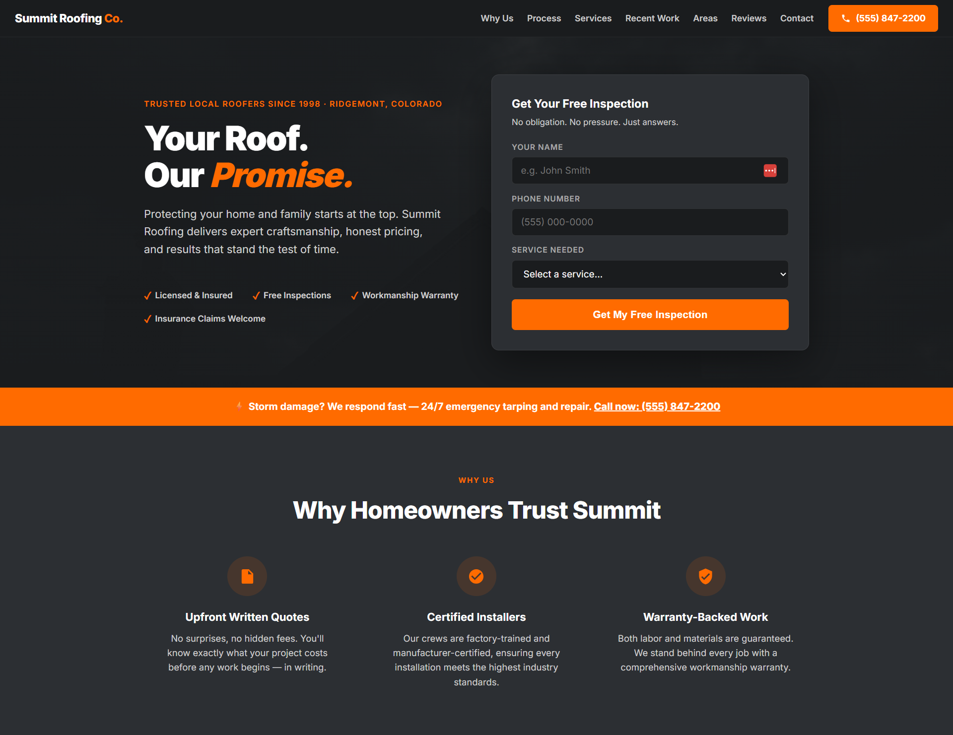 Summit Roofing Co. sample landing page