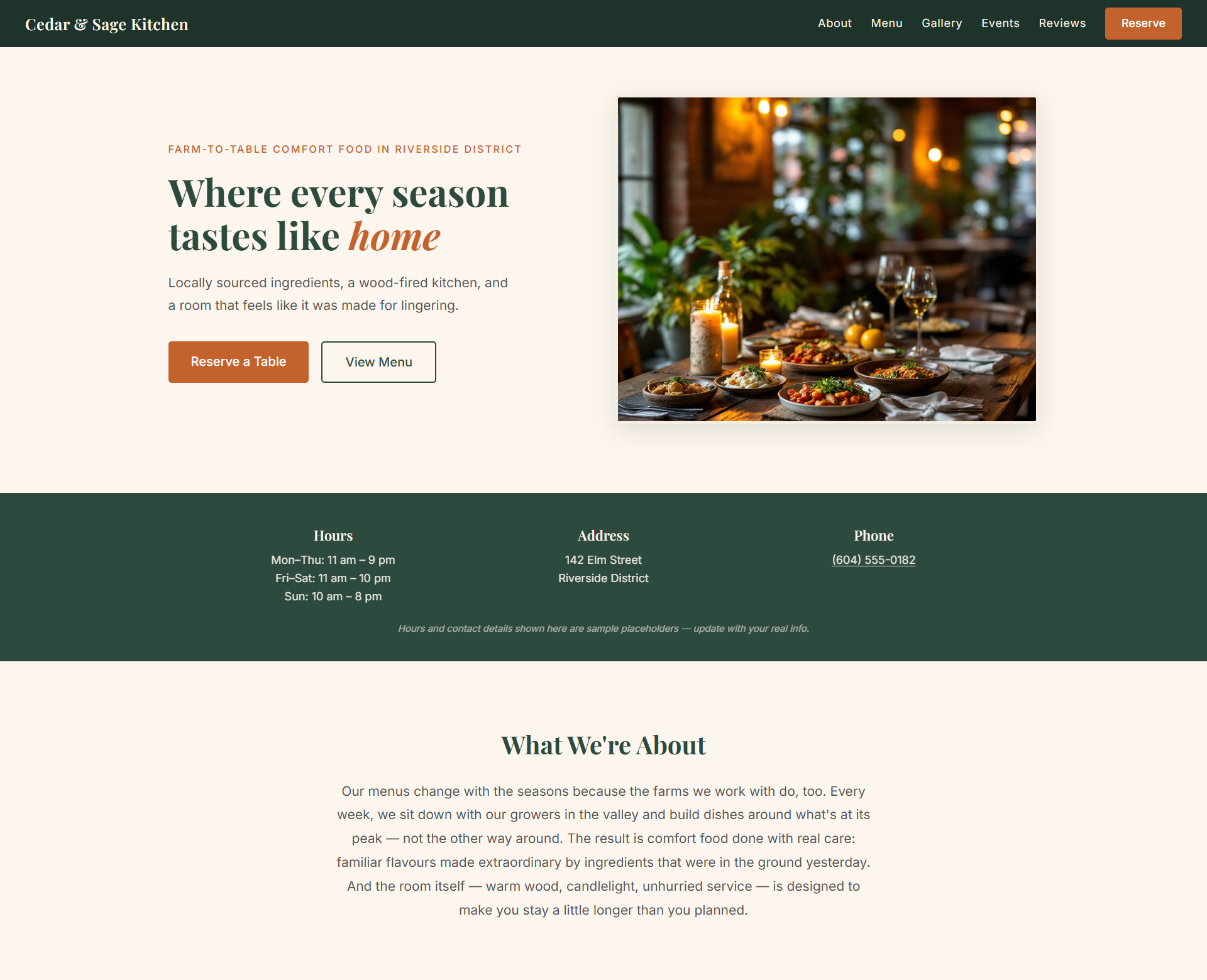 Cedar & Sage Kitchen sample restaurant page