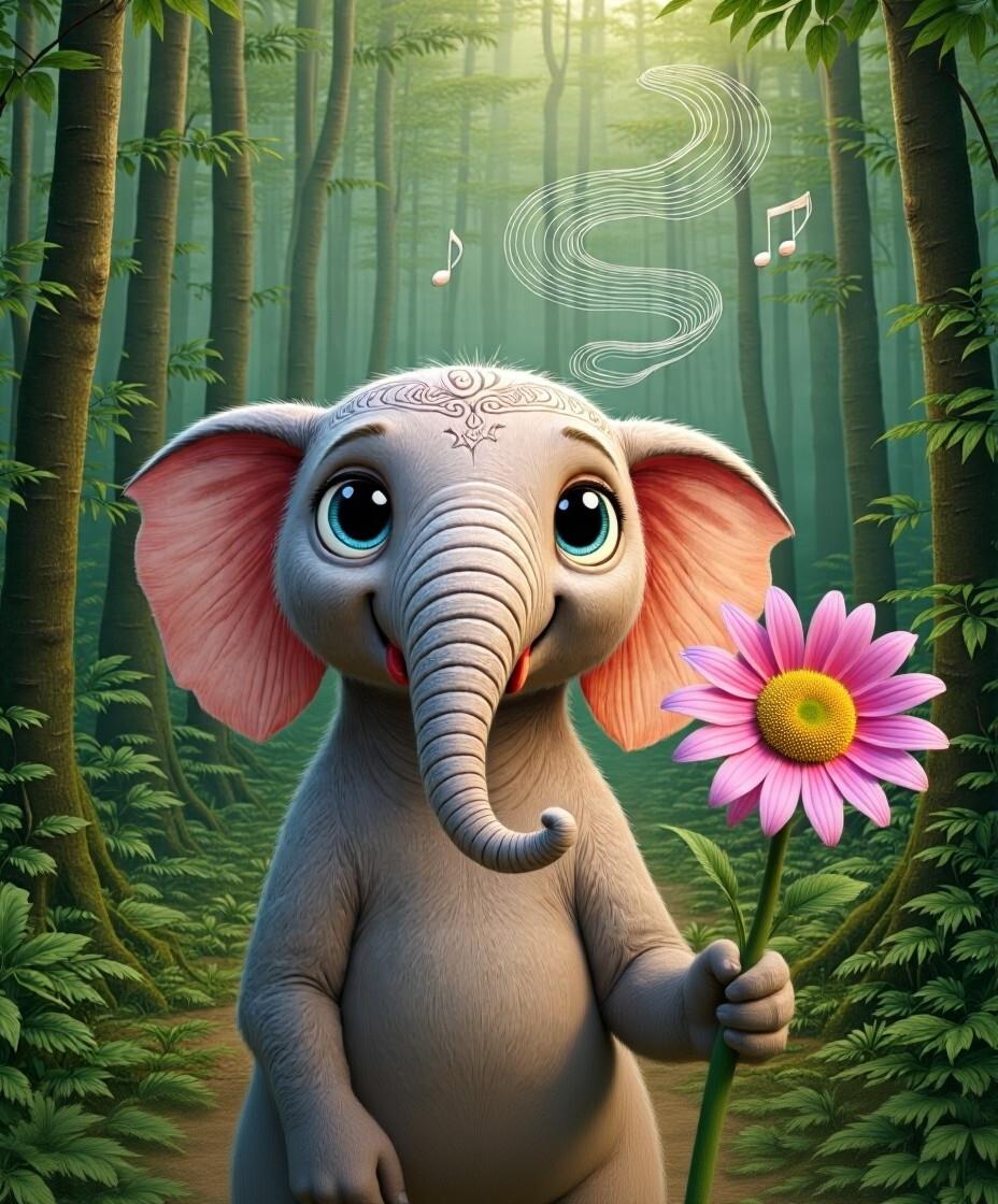 Ellie holding a pink flower in the misty forest
