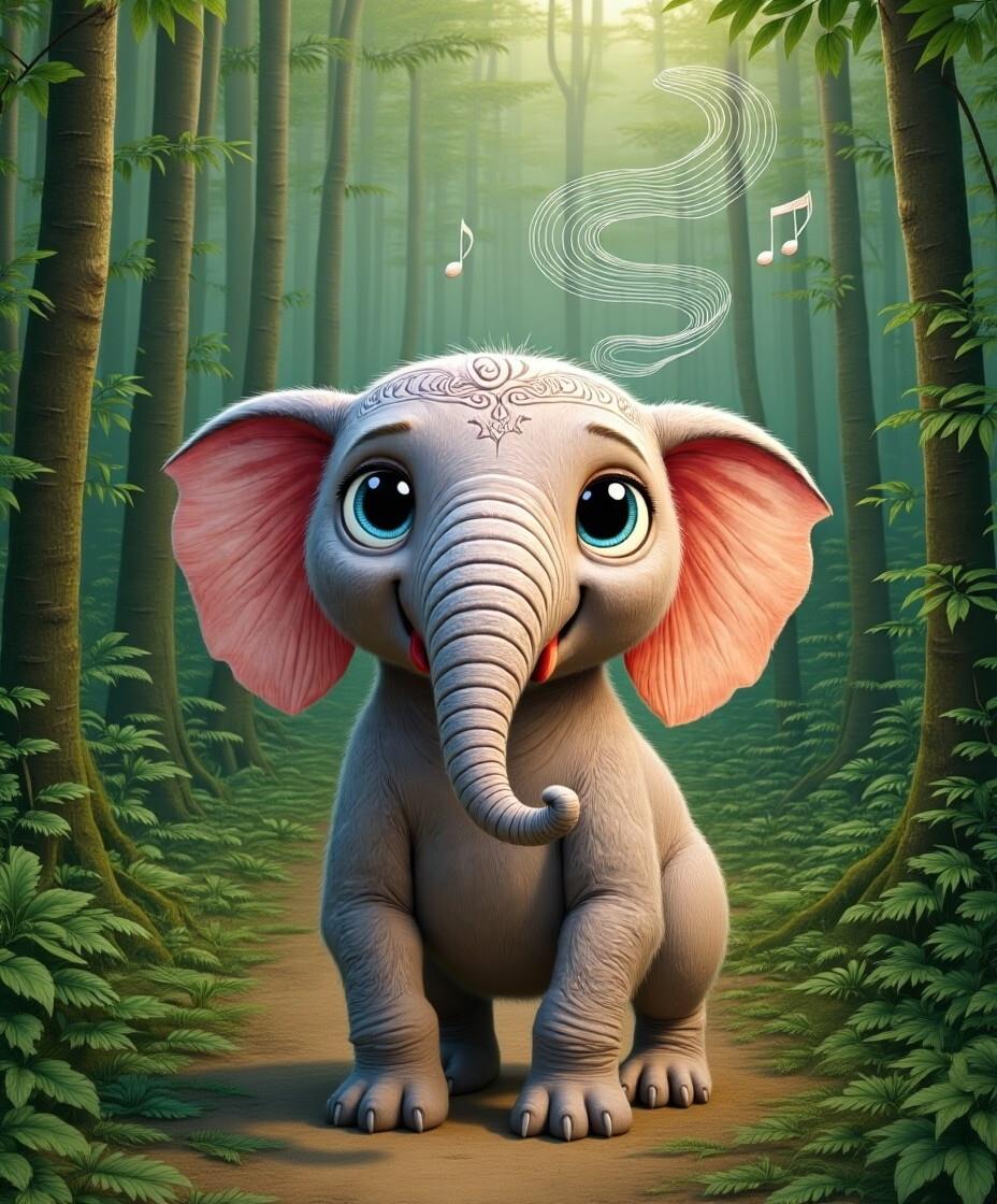 Ellie the elephant in the bamboo forest with musical notes