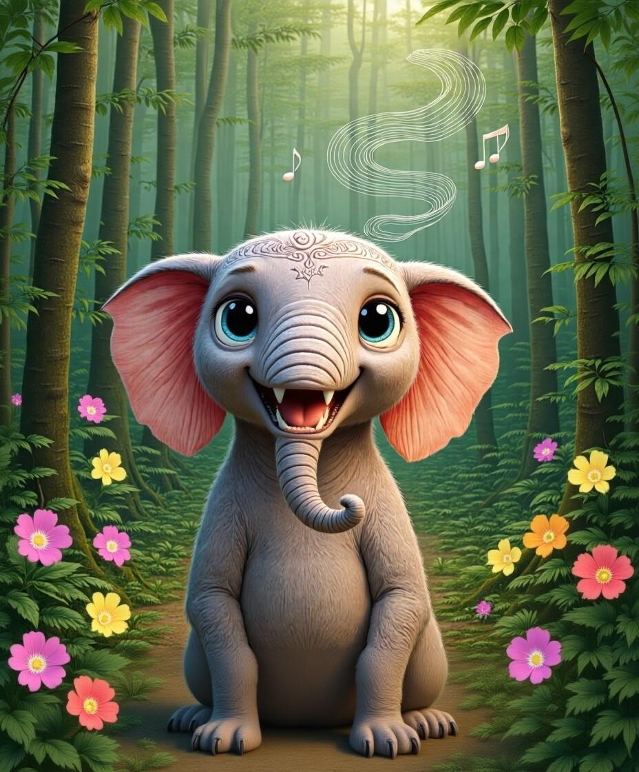 Ellie the elephant surrounded by flowers and musical notes