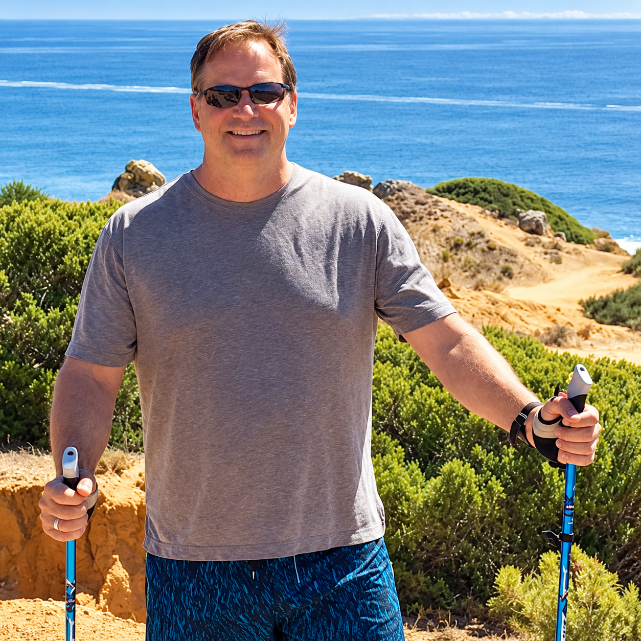 Woman Nordic pole walking on a coastal trail