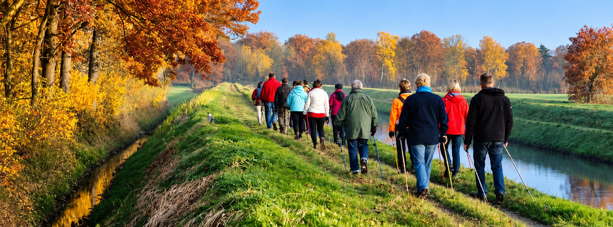 Two women in red t-shirts Nordic pole walking on a scenic trail