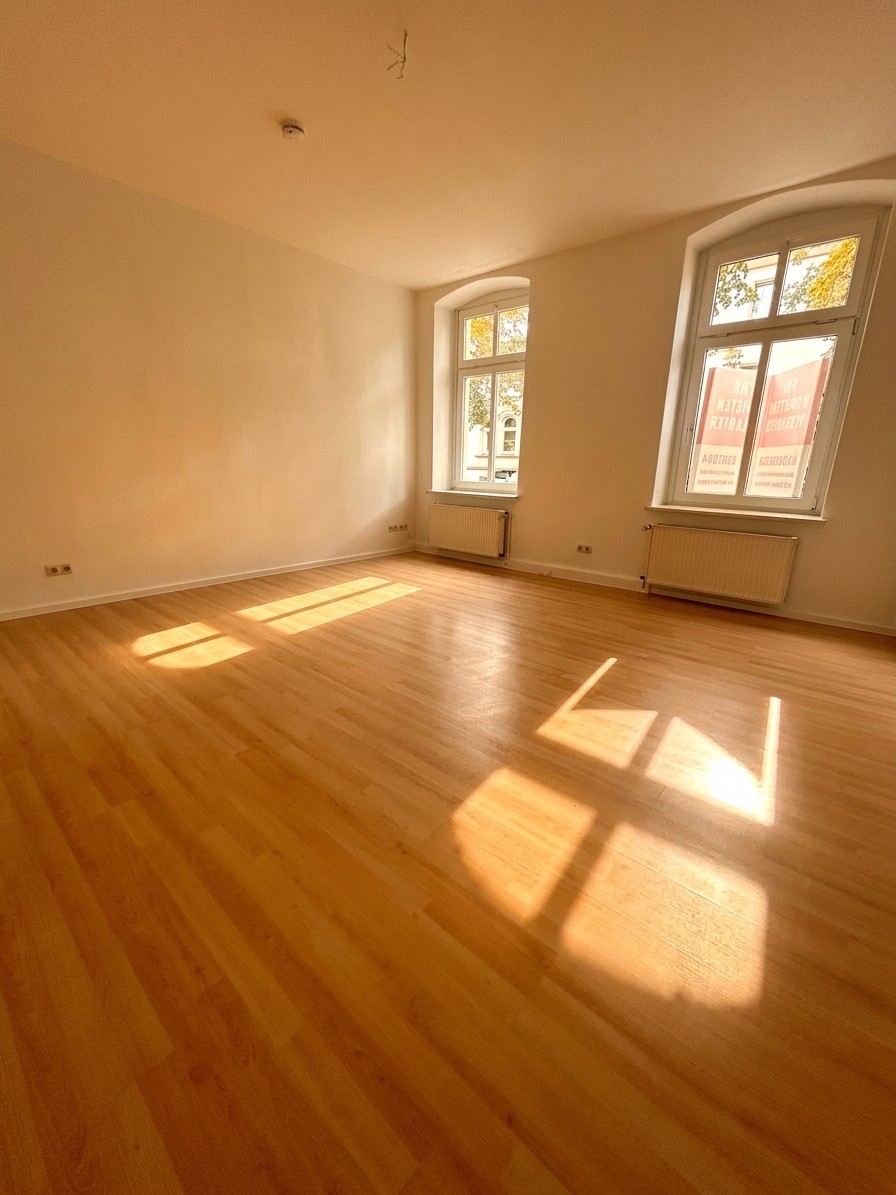 Geräumiges, lichtdurchflutetes Zimmer mit warmem Holzboden und zwei großen Bogenfenstern – 3-Zimmer-Wohnung in Dessau-Roßlau