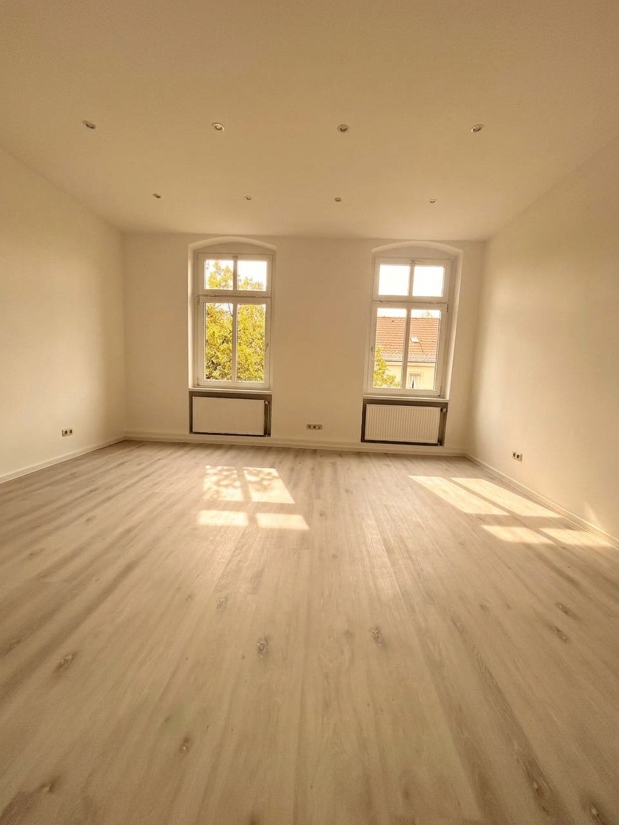 Helles Wohnzimmer mit hellem Laminatboden, weißen Wänden und zwei klassischen Bogenfenstern – 4-Zimmer-Wohnung in Dessau-Roßlau