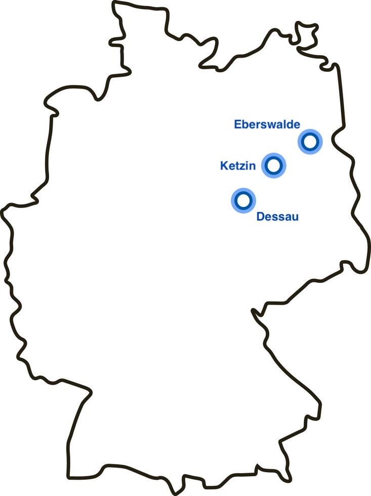 Umrisskarte von Deutschland mit eingezeichneten Standorten: Dessau, Ketzin und Eberswalde