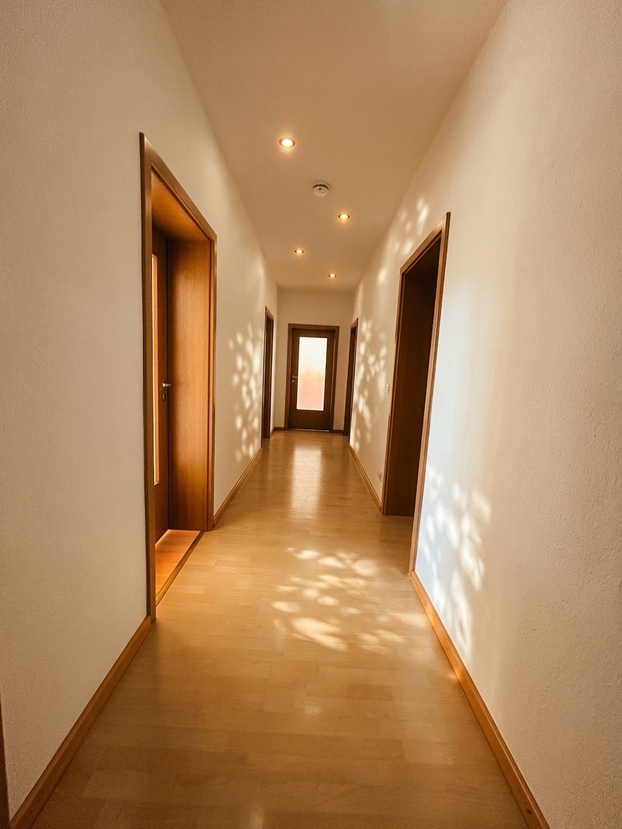Langer heller Flur mit warmem Holzboden, Einbauspots und mehreren Zimmertüren – 3-Zimmer-Wohnung in Dessau-Roßlau