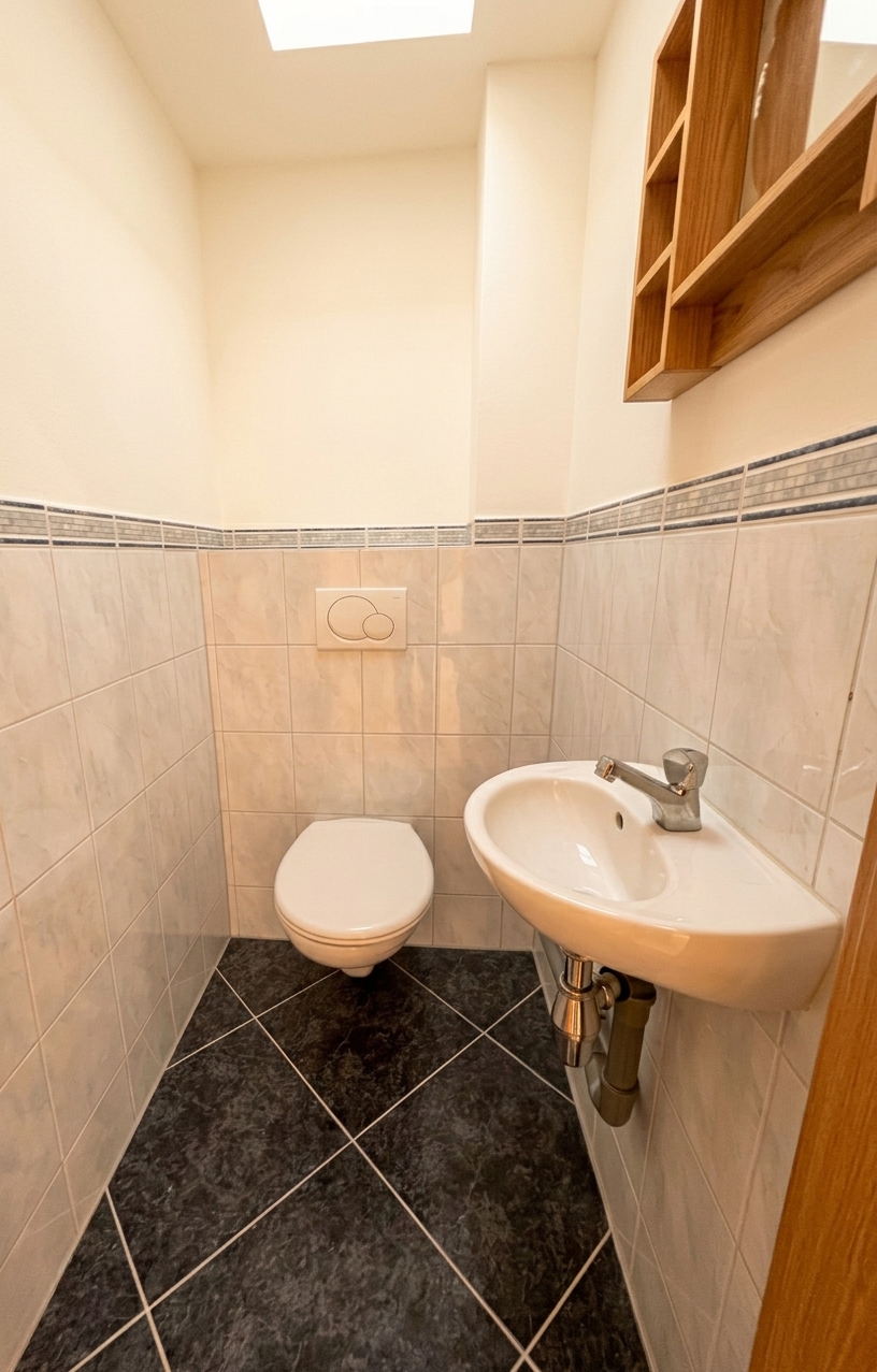 Gäste-WC mit wandhängendem WC, Eckwaschbecken, Holzregal und dunklem Fliesenboden – 3-Zimmer-Wohnung in Dessau-Roßlau