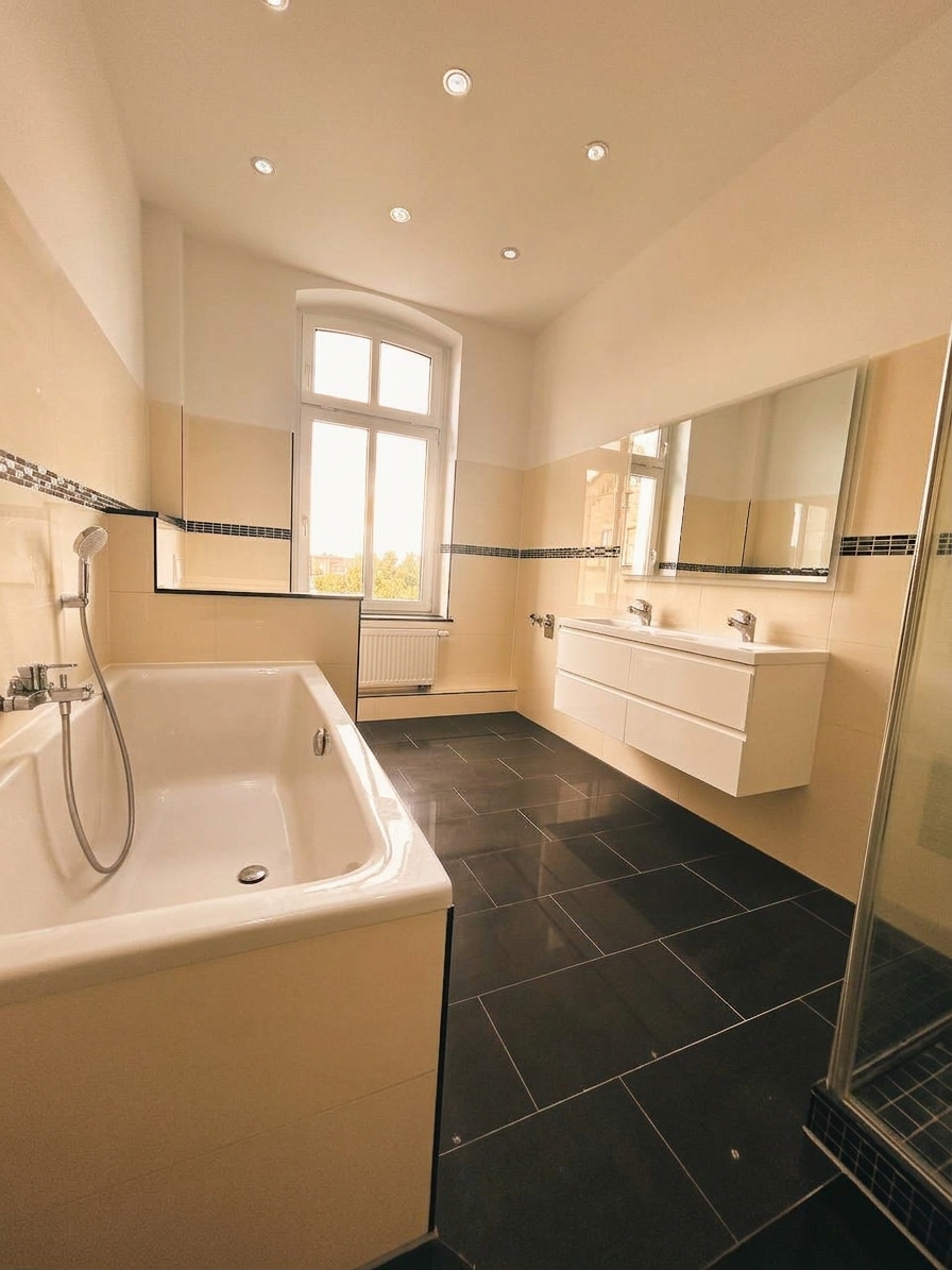 Großzügiges Badezimmer mit Badewanne, Doppelwaschtisch, großem Spiegel und Bogenfenster – 4-Zimmer-Wohnung in Dessau-Roßlau