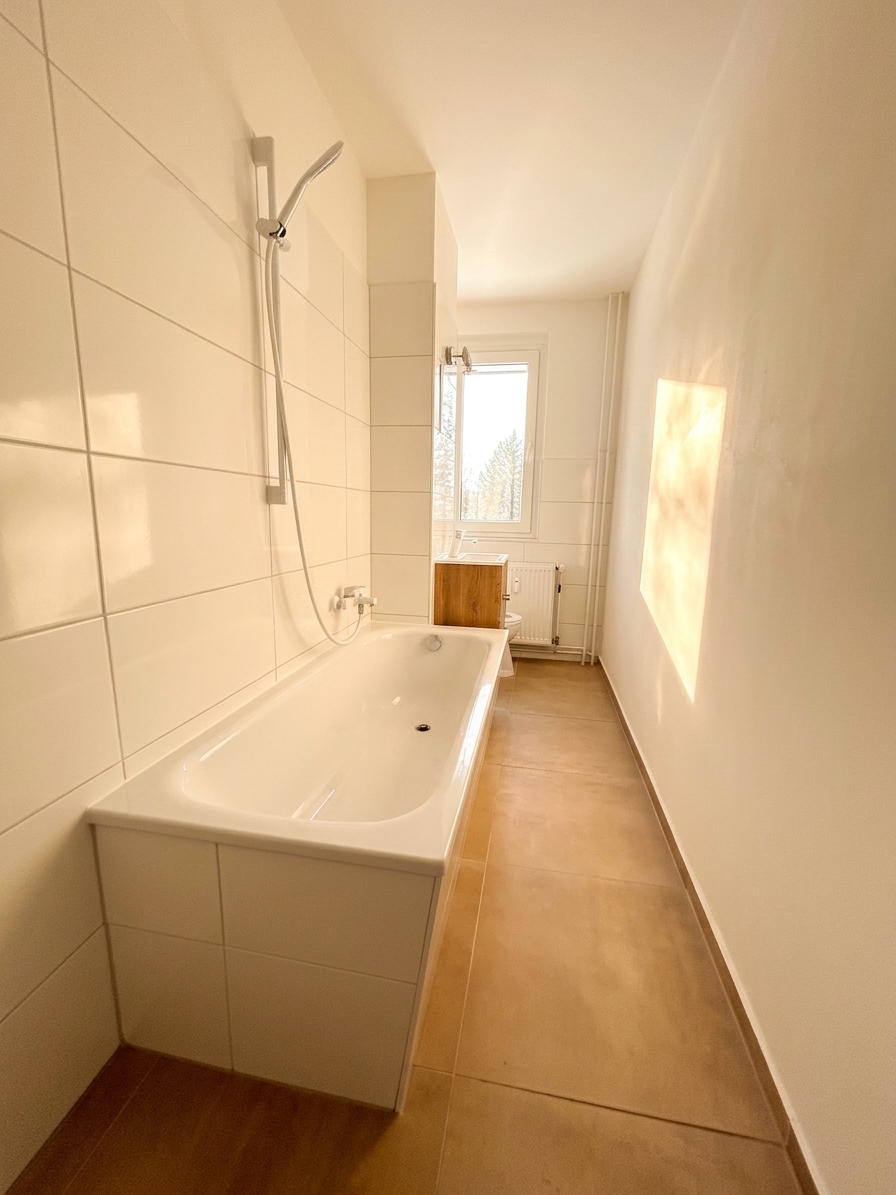 Helles Badezimmer mit Badewanne, Duschkopf, Fenster und warmem Fliesenboden – 3-Zimmer-Wohnung in Schorfheide