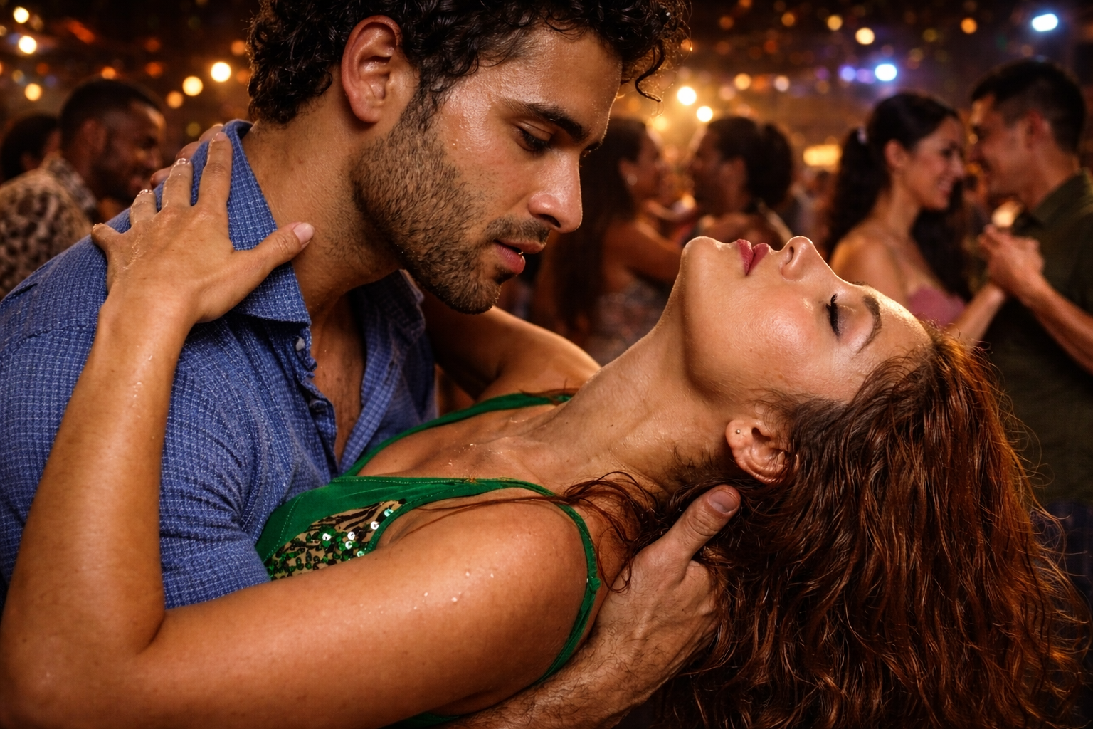 Sensual close-up of two bodies dancing intimately under warm lights