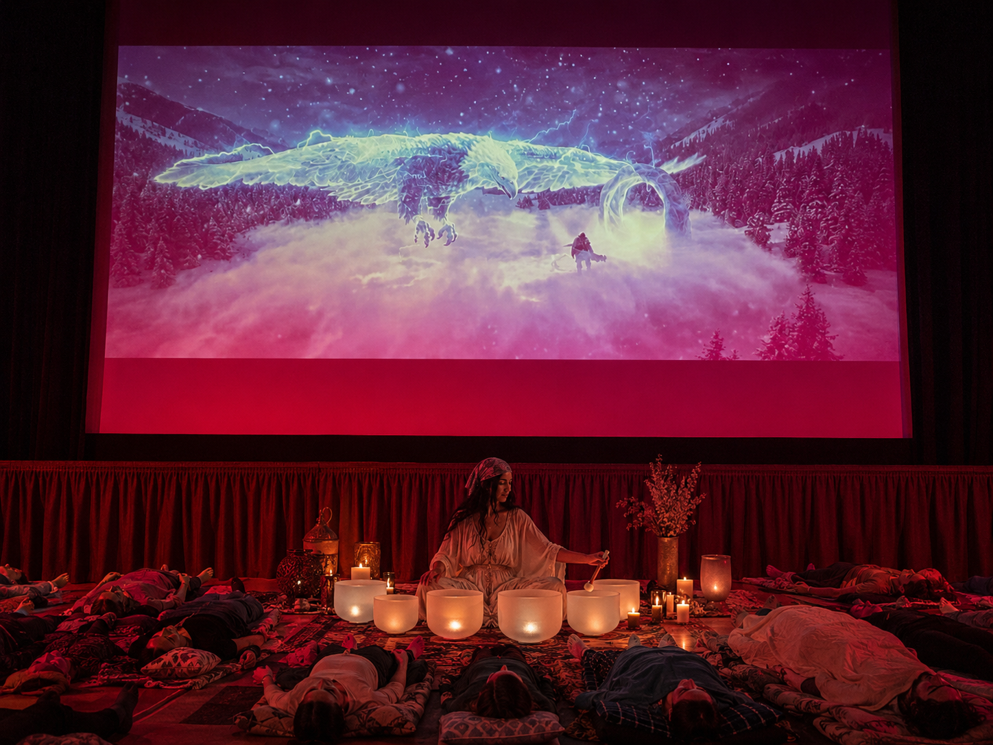 A sound healing ceremony in a darkened theater, the practitioner surrounded by glowing crystal bowls and candles while participants lie in rest beneath a luminous projected screen