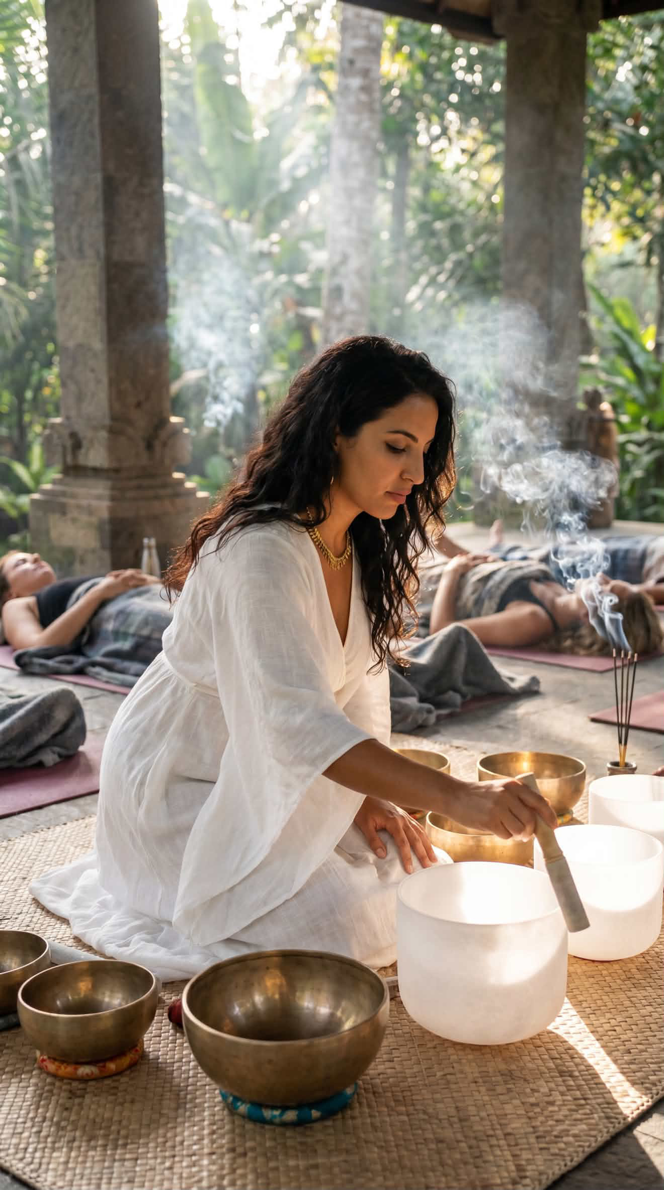 A woman in white leading a sound healing ceremony outdoors, playing singing bowls while participants rest on mats beneath dappled light filtering through tropical trees