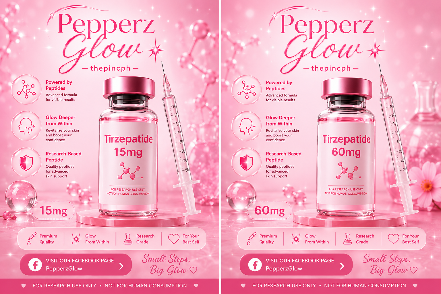 PepperzGlow Tirzepatide 15mg and 60mg comparison