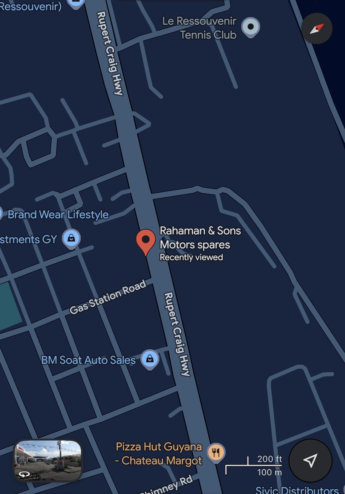 Google Maps showing Rahaman & Sons Motors Spares location on Rupert Craig Highway, East Coast Demerara