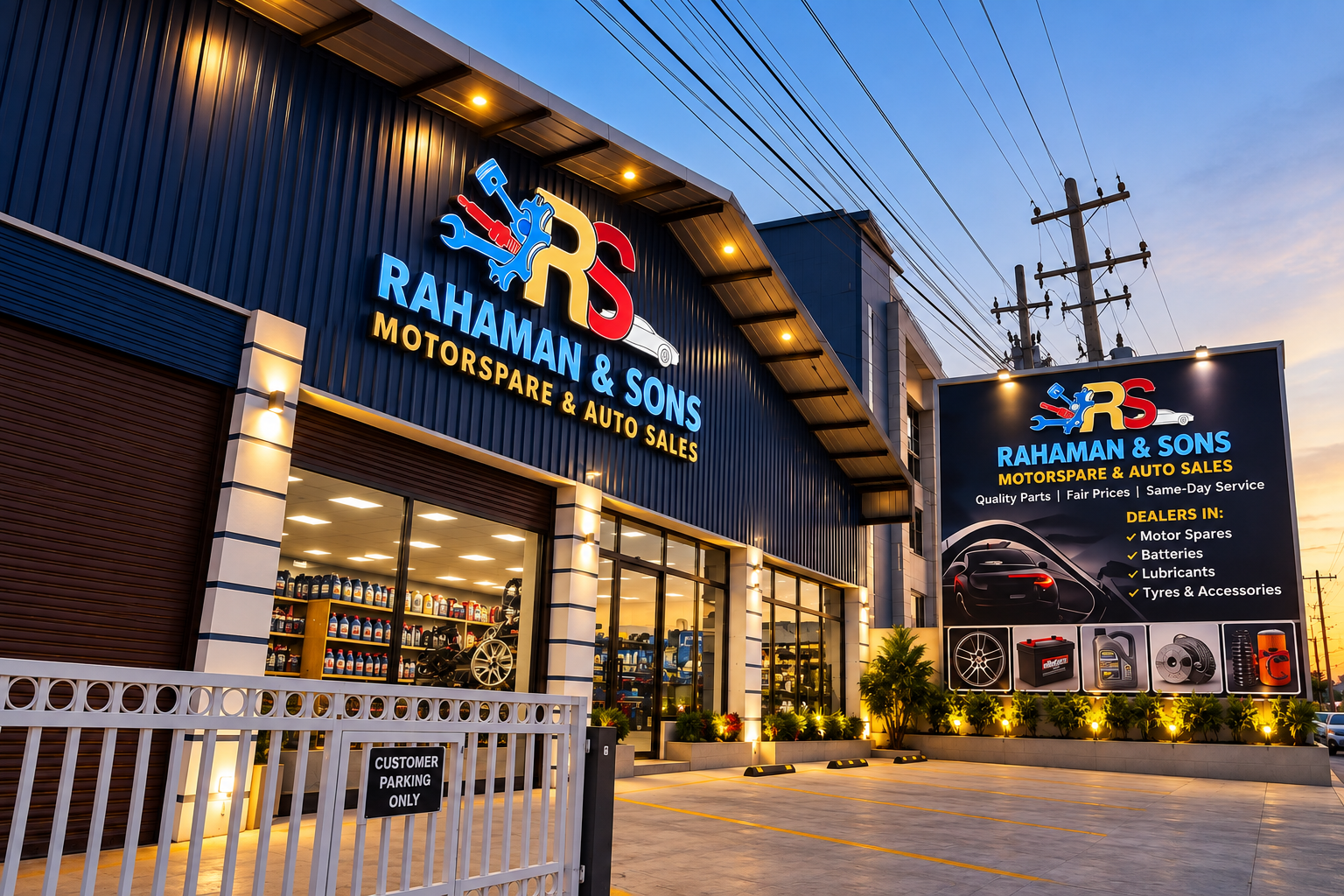 Rahaman & Sons Motorspare & Auto Sales storefront at dusk — bold signage and billboard on Success Public Road