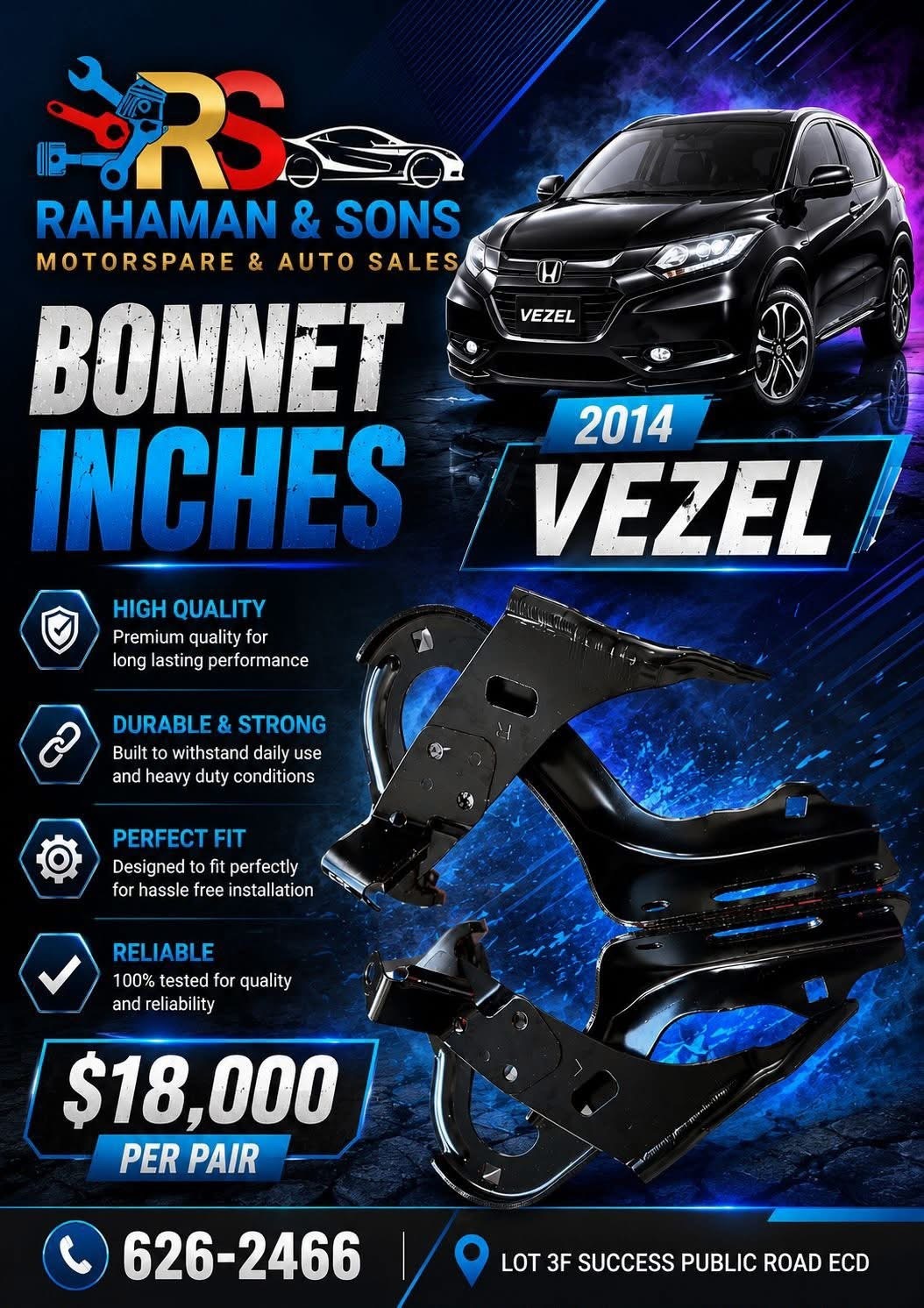 Honda Vezel 2014 bonnet hinges — a pair of black steel bonnet hinge brackets for the Honda HR-V Vezel
