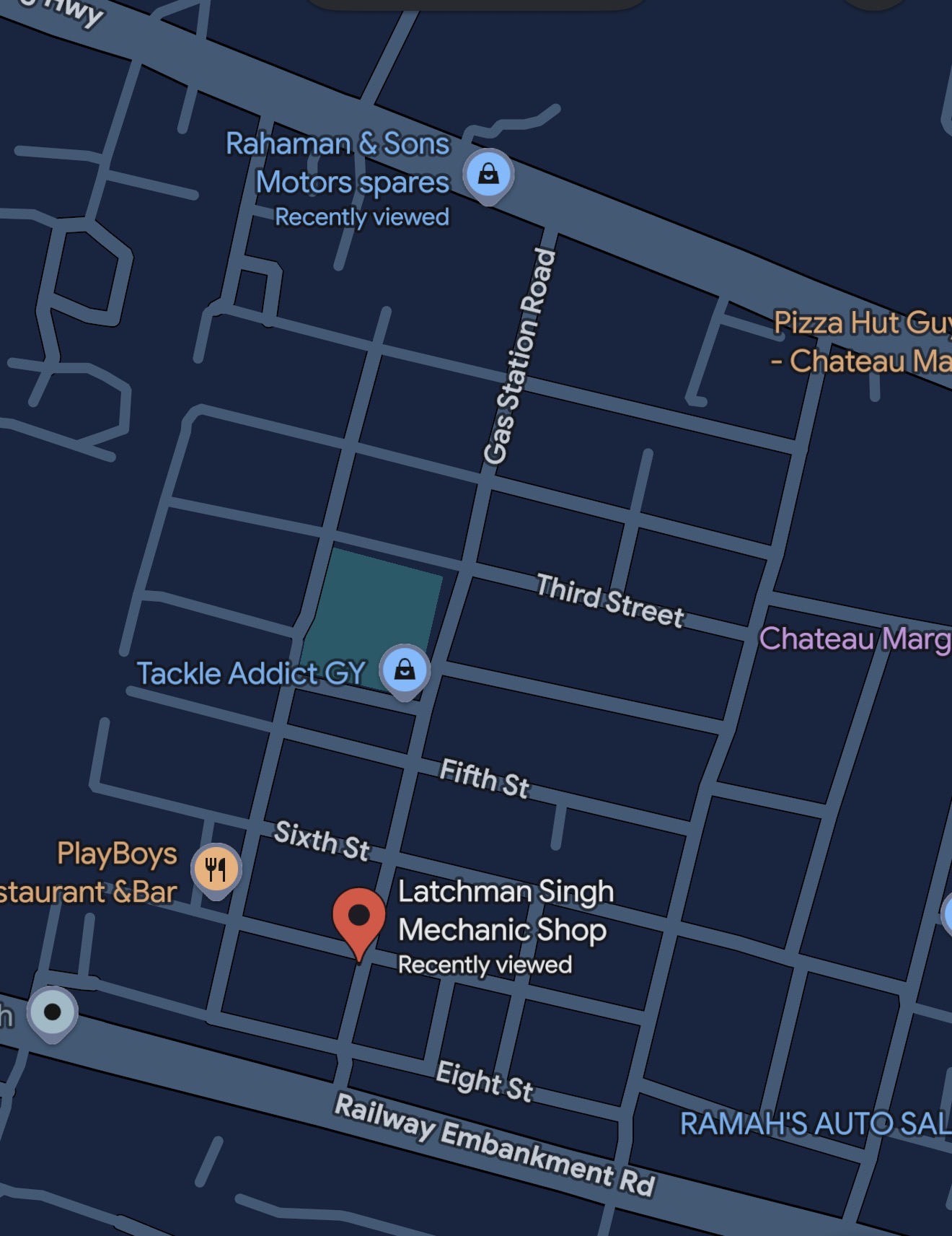 Map showing L.Singh Mechanic Shop location near Sixth Street and Railway Embankment Road, Georgetown