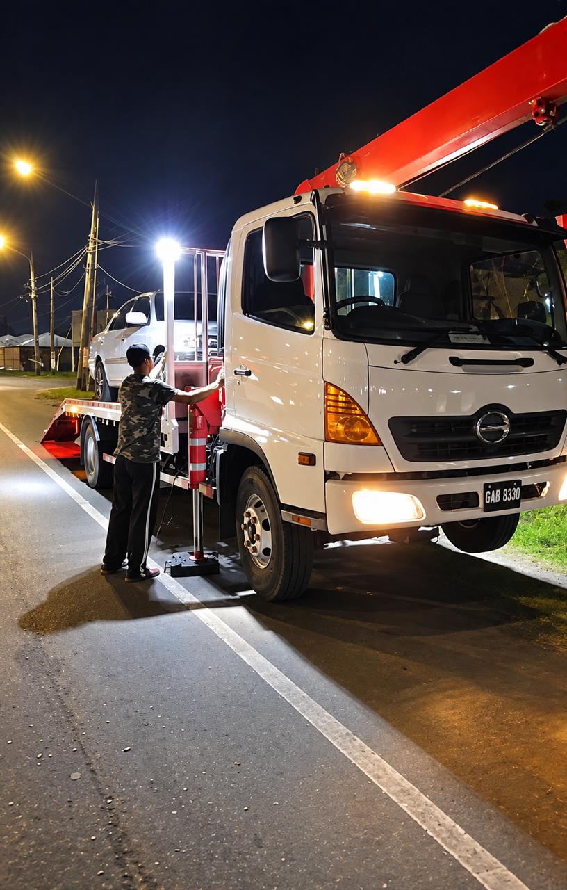 Hino towing truck with flatbed loaded with a white SUV, operated by L.Singh Mechanic Shop at night on a Guyana road