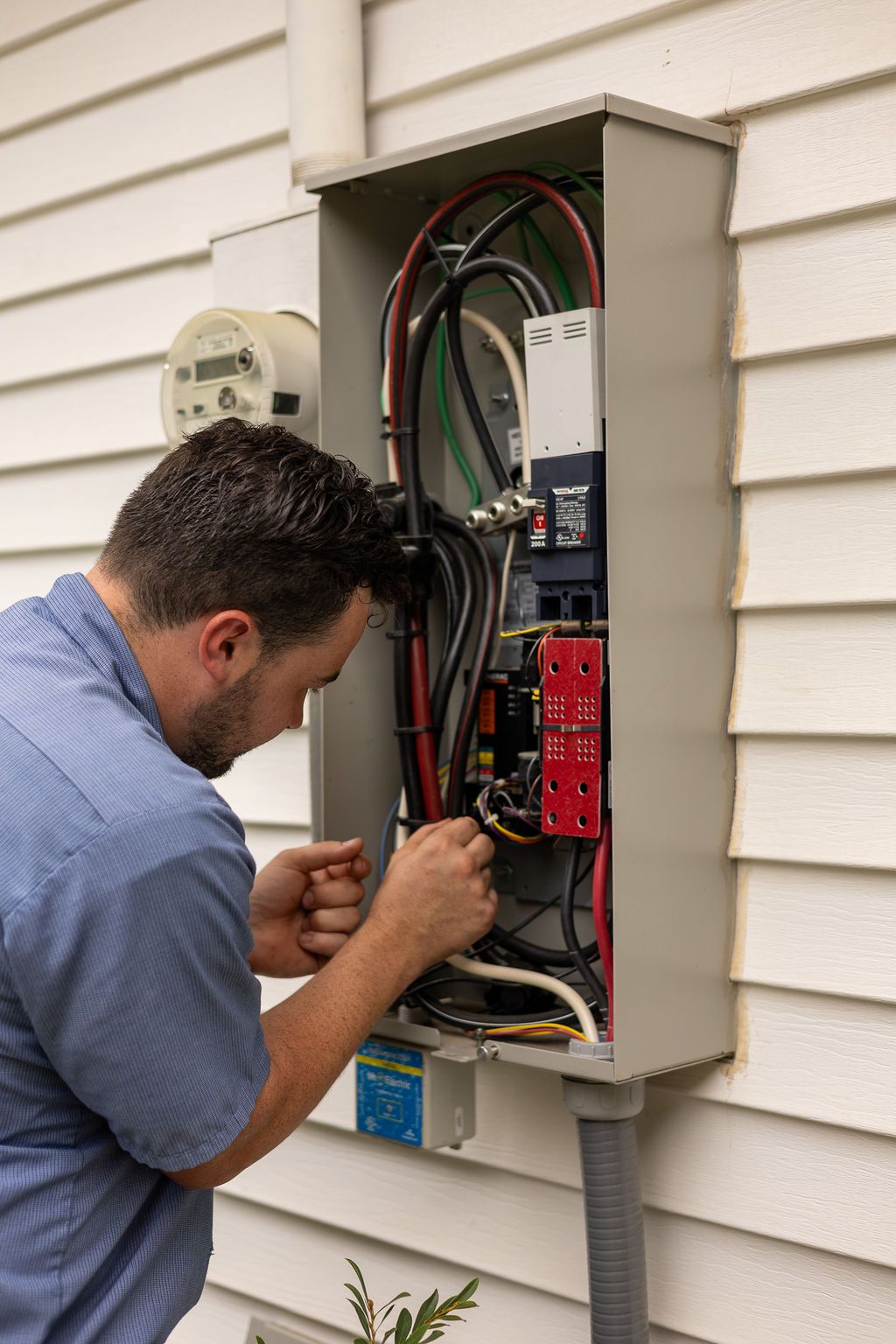 Mr. Electric technician inspecting and servicing a residential electrical panel