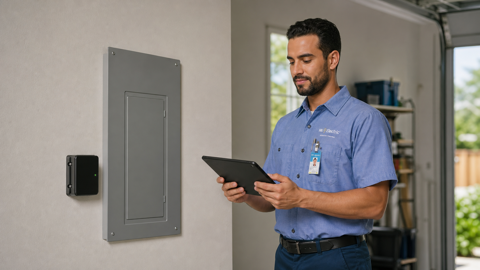 Mr. Electric technician consulting with a homeowner about their electrical system