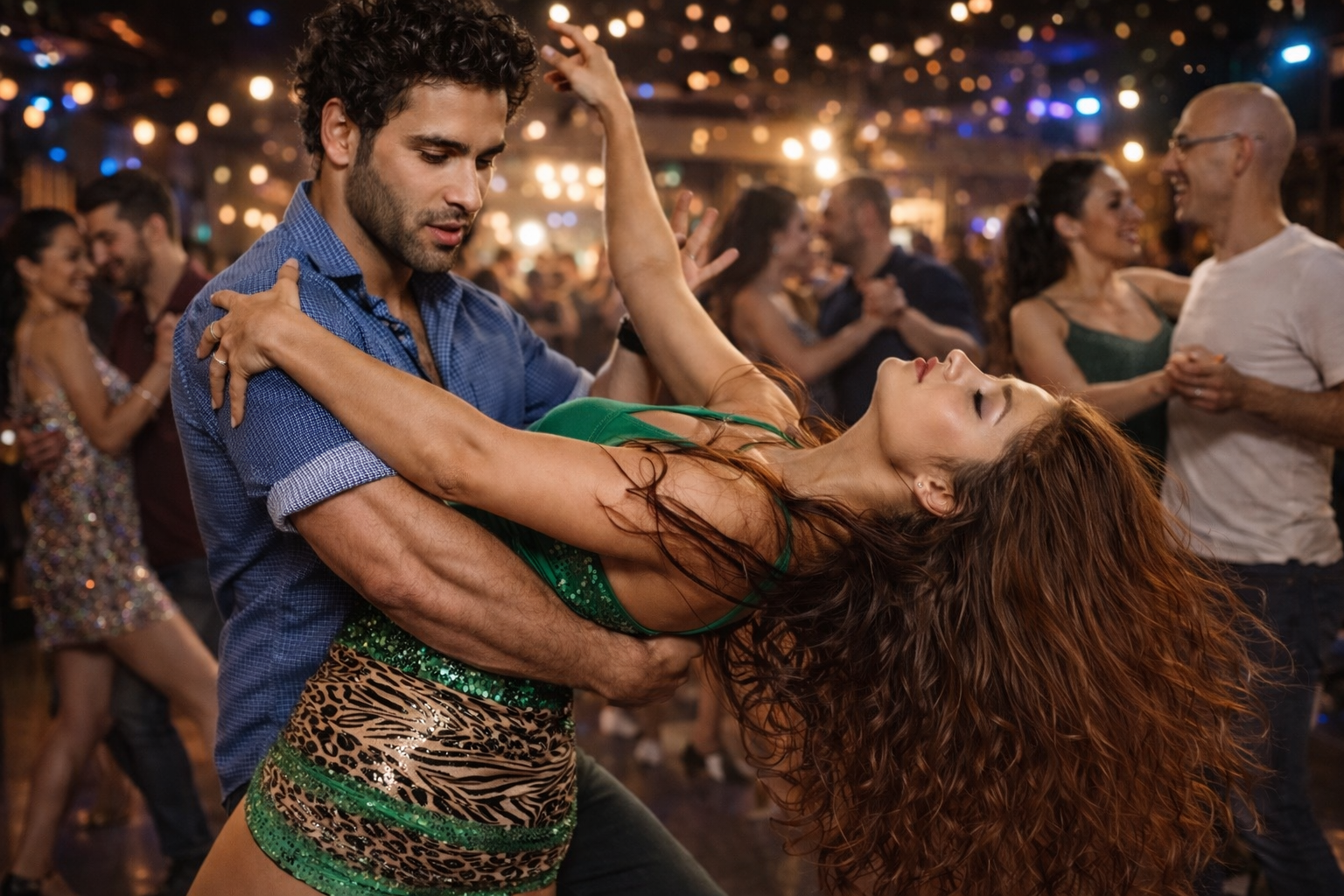 Couple dancing intimately under warm lights