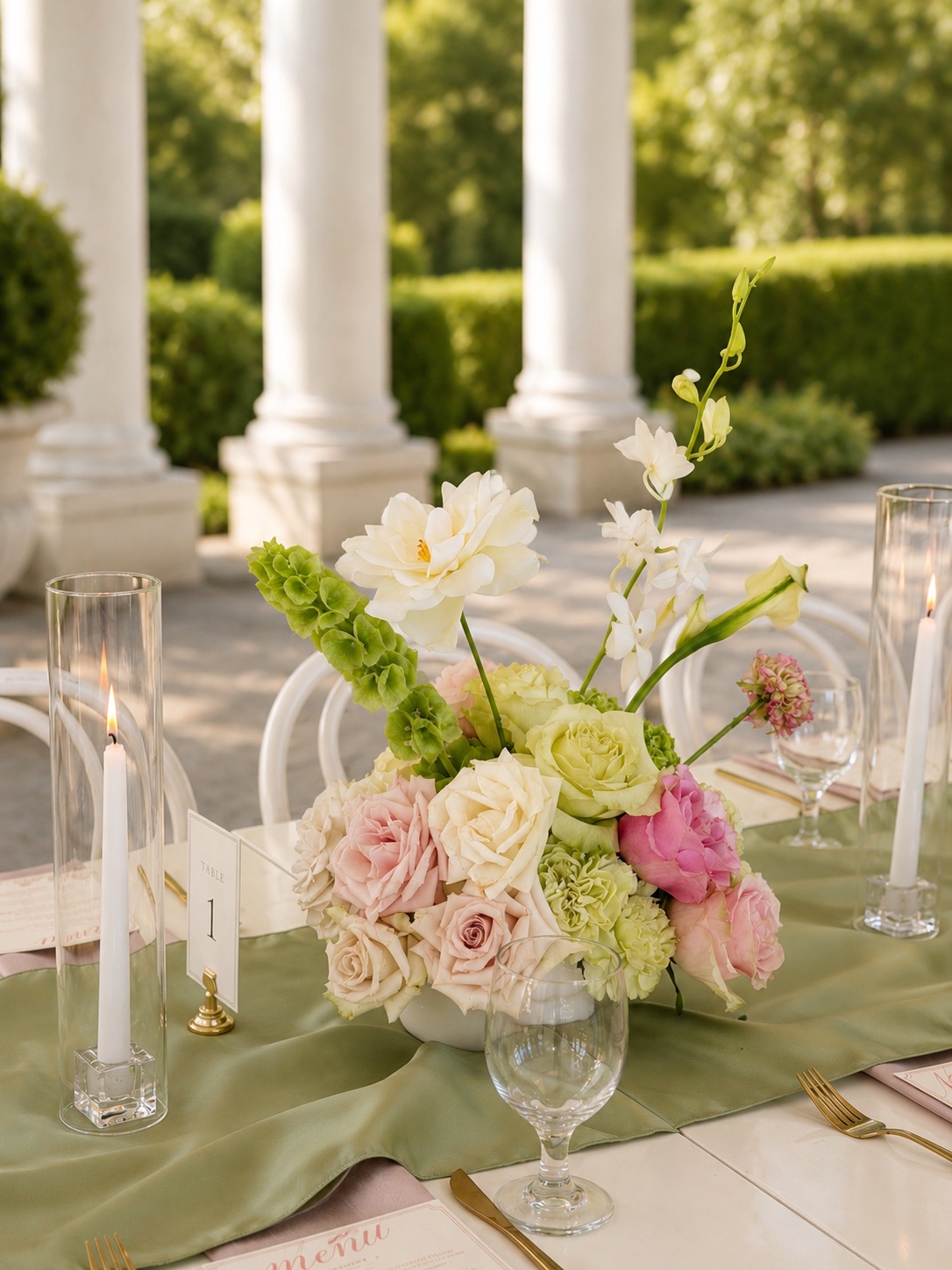 Pink and matcha green centerpiece arrangement
