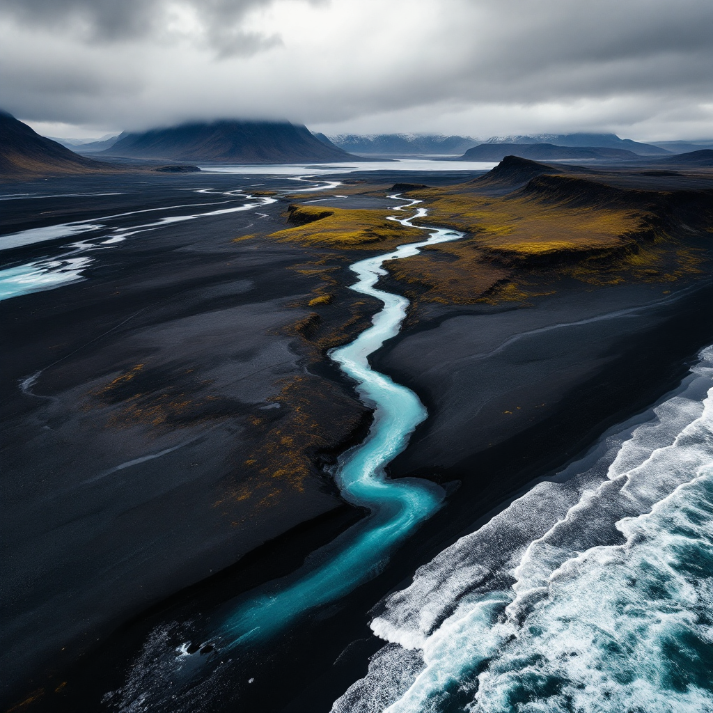 Icelandic black sand beach aerial