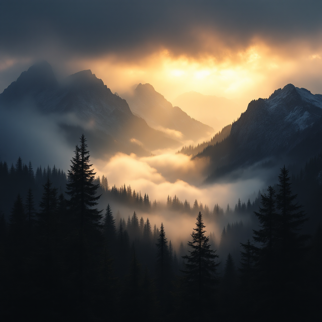 Cinematic mountain landscape at golden hour