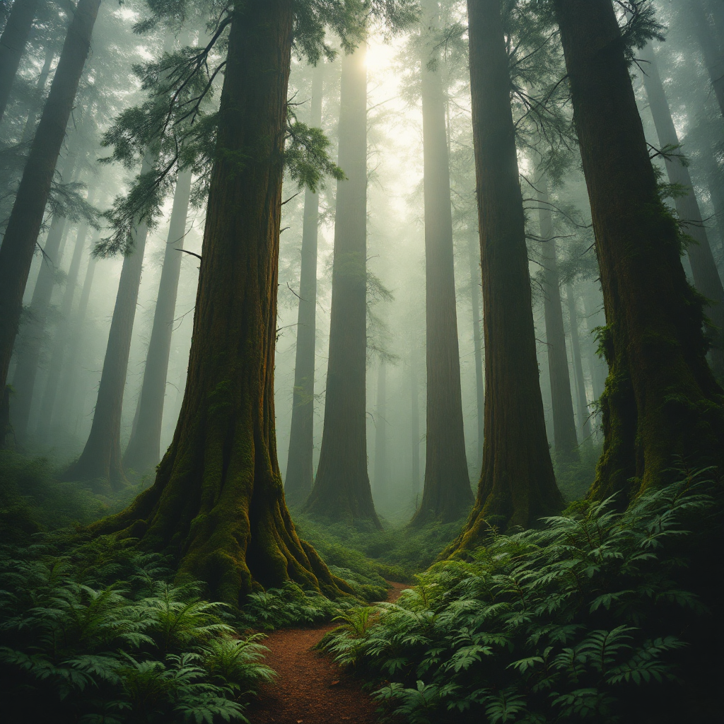 Misty redwood forest