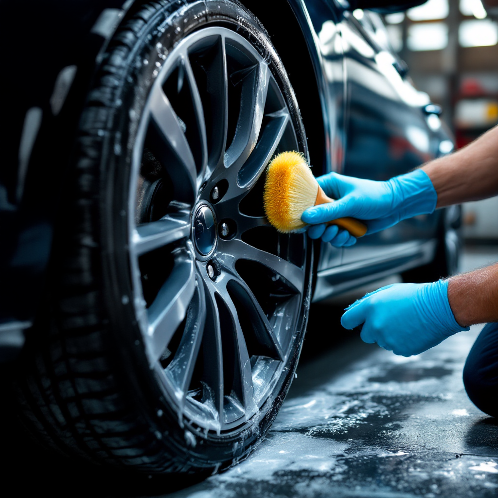 Professional wheel cleaning during exterior detailing