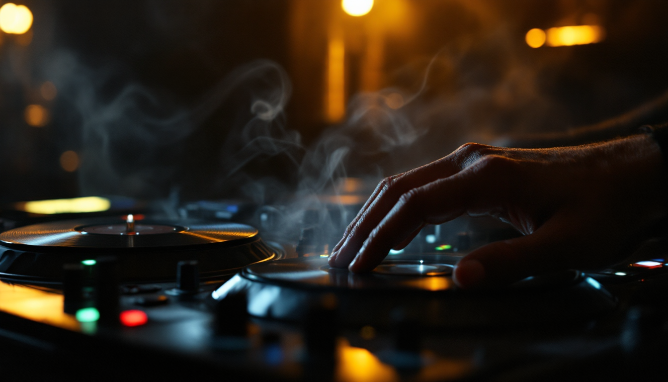 DJ mixing deep house and afrobeats in an intimate club with warm amber lighting