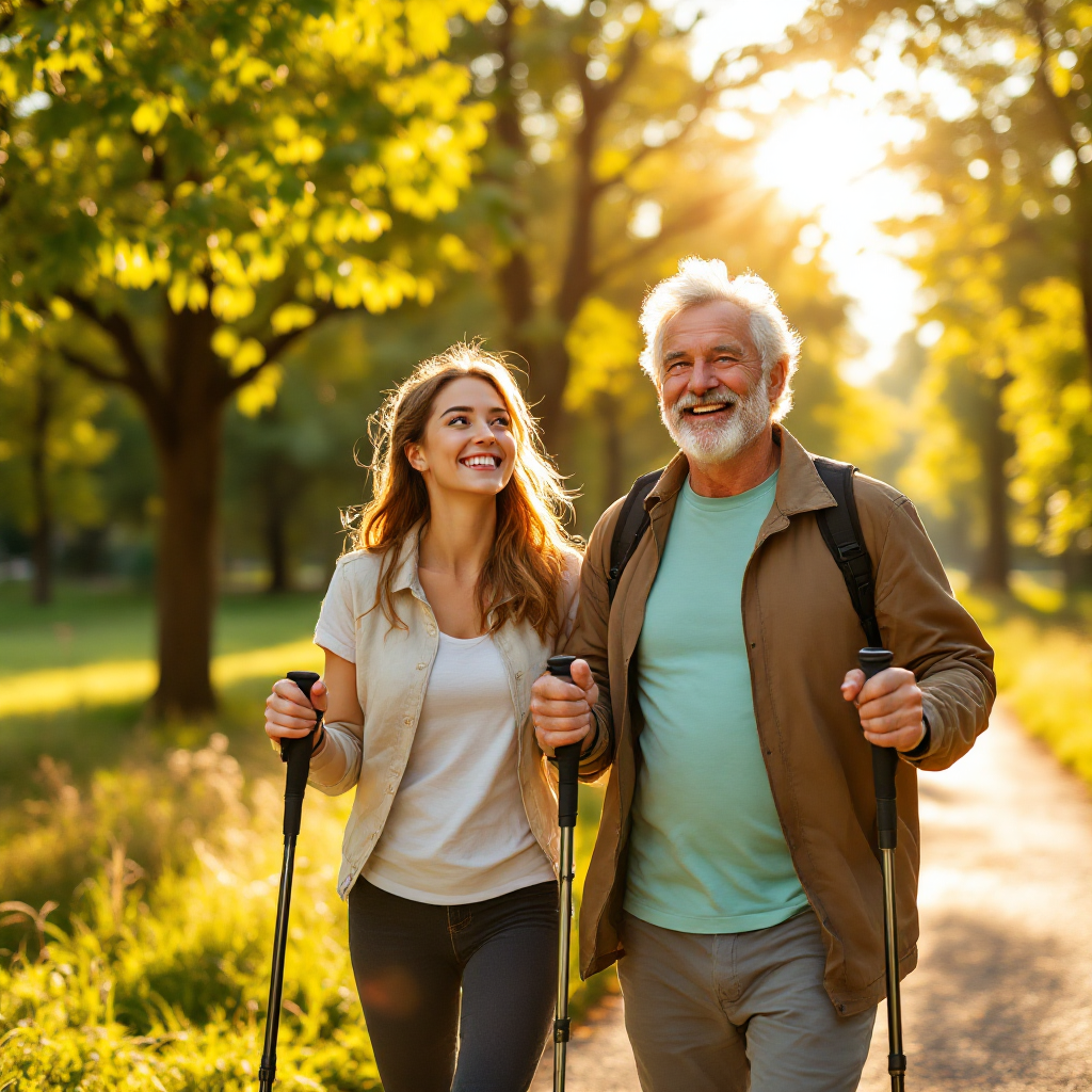 Two people of different ages Nordic pole walking outdoors