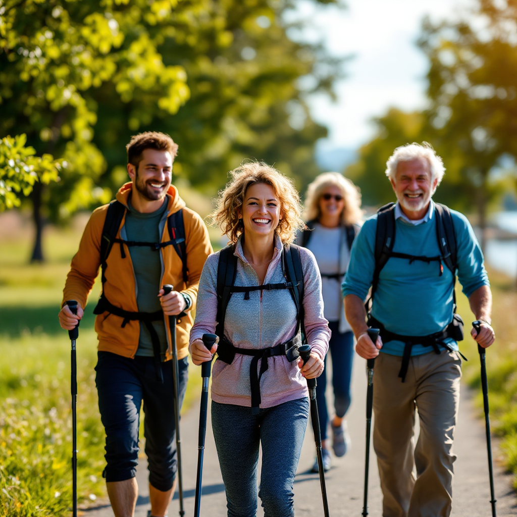 Group of people of different ages Nordic pole walking together on a sunny path