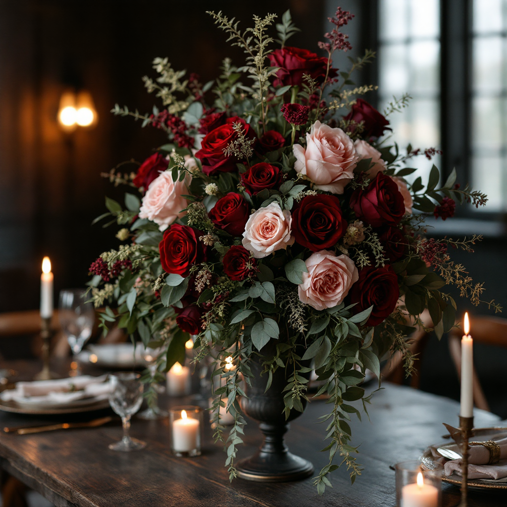 Moody burgundy centerpiece with candlelight
