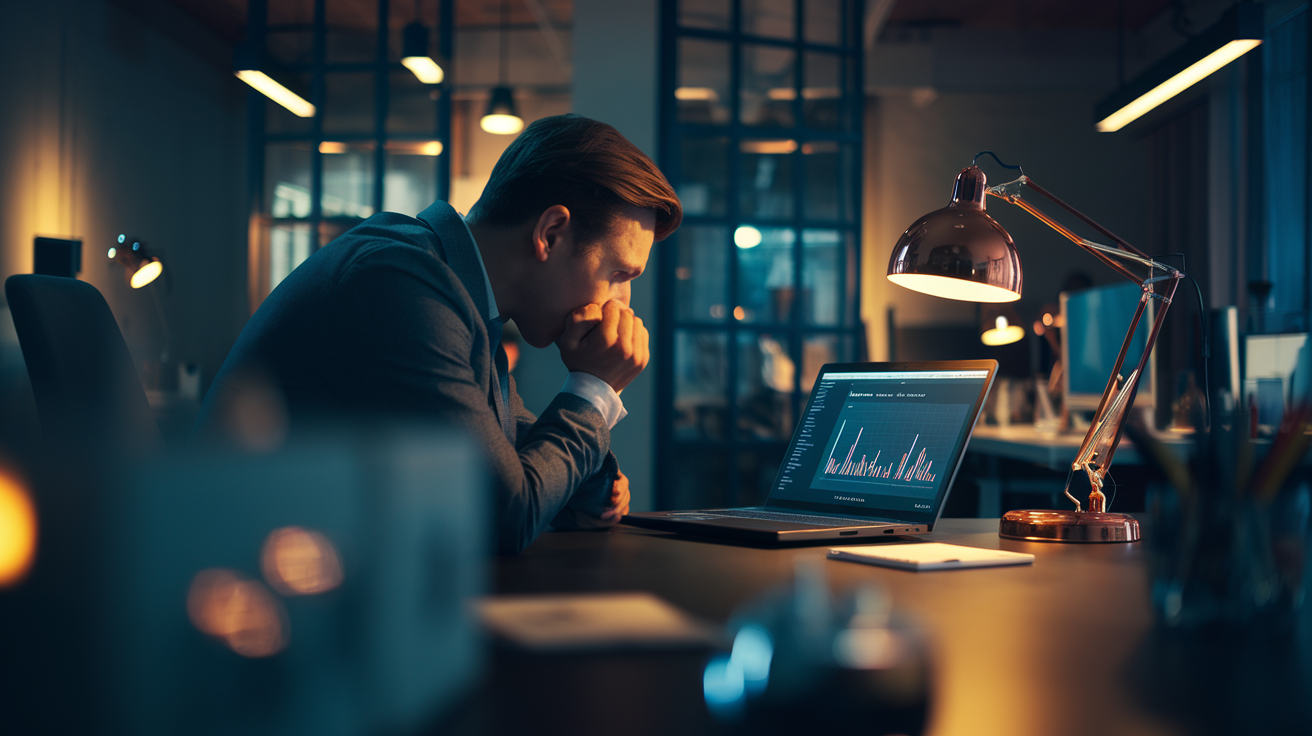 Frustrated business owner reviewing poor website analytics