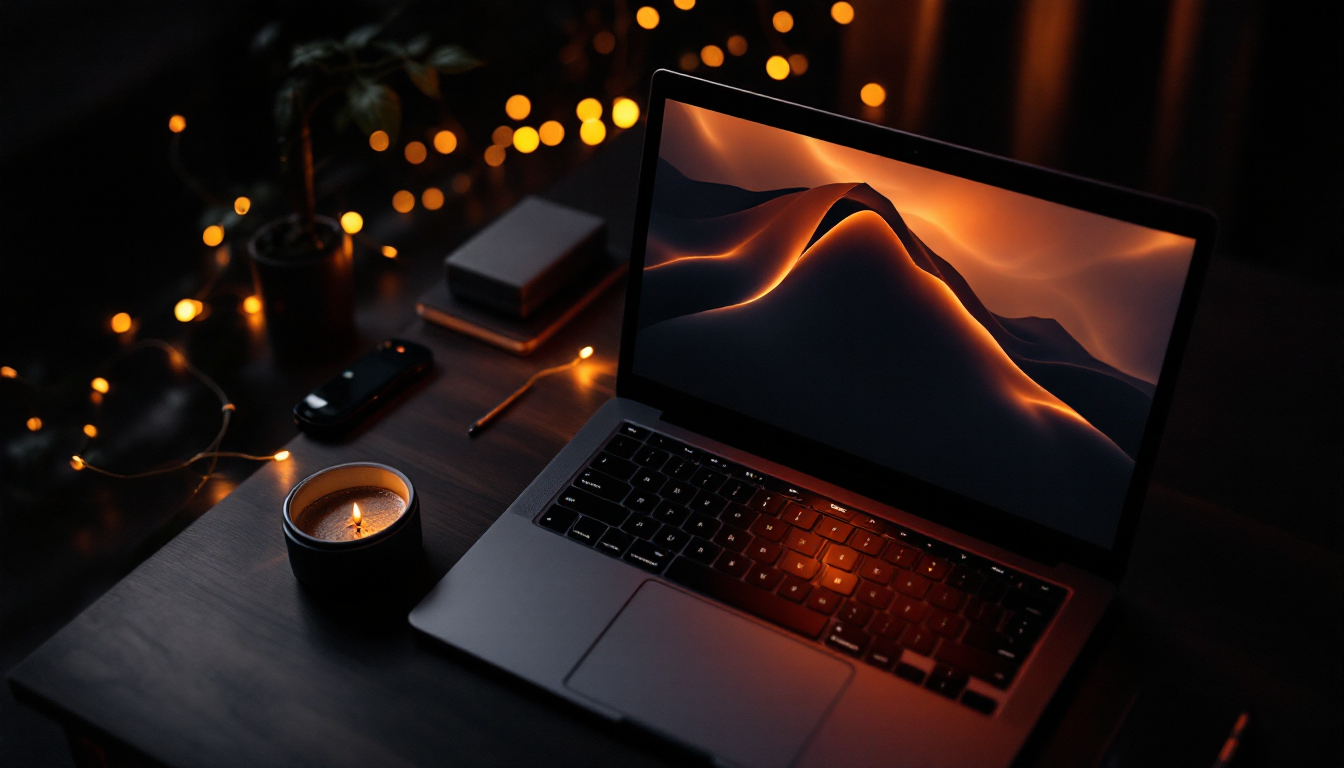 Dark moody workspace with laptop showing a landing page