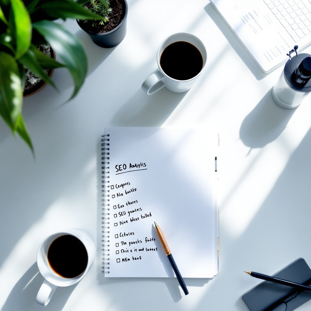 SEO-audit werkplek met laptop en checklist