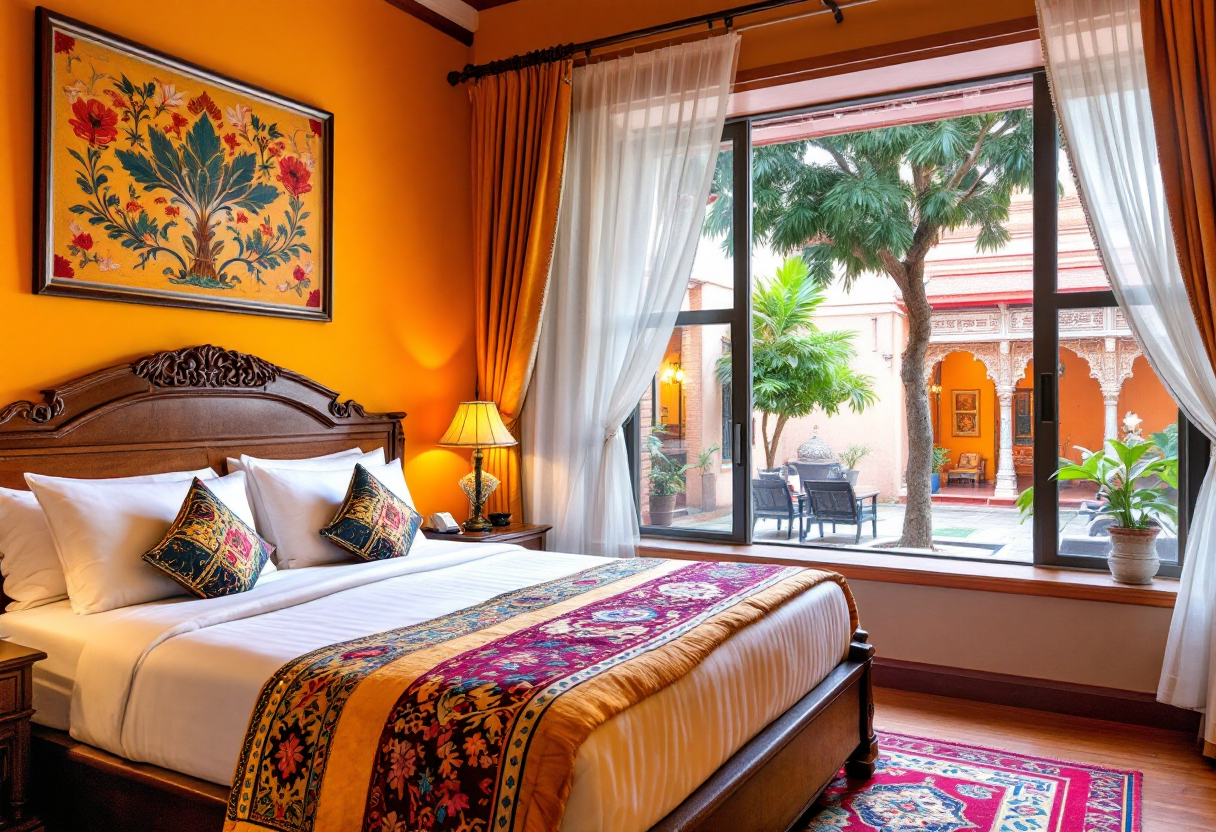 Comfortable double room with garden view and traditional furnishings