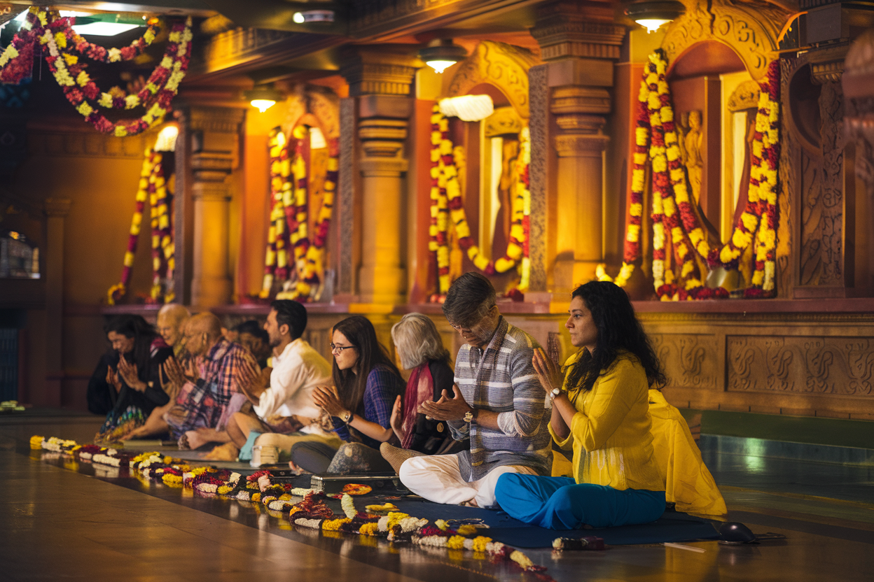 Devotees gathered in prayer inside the temple during an evening ceremony