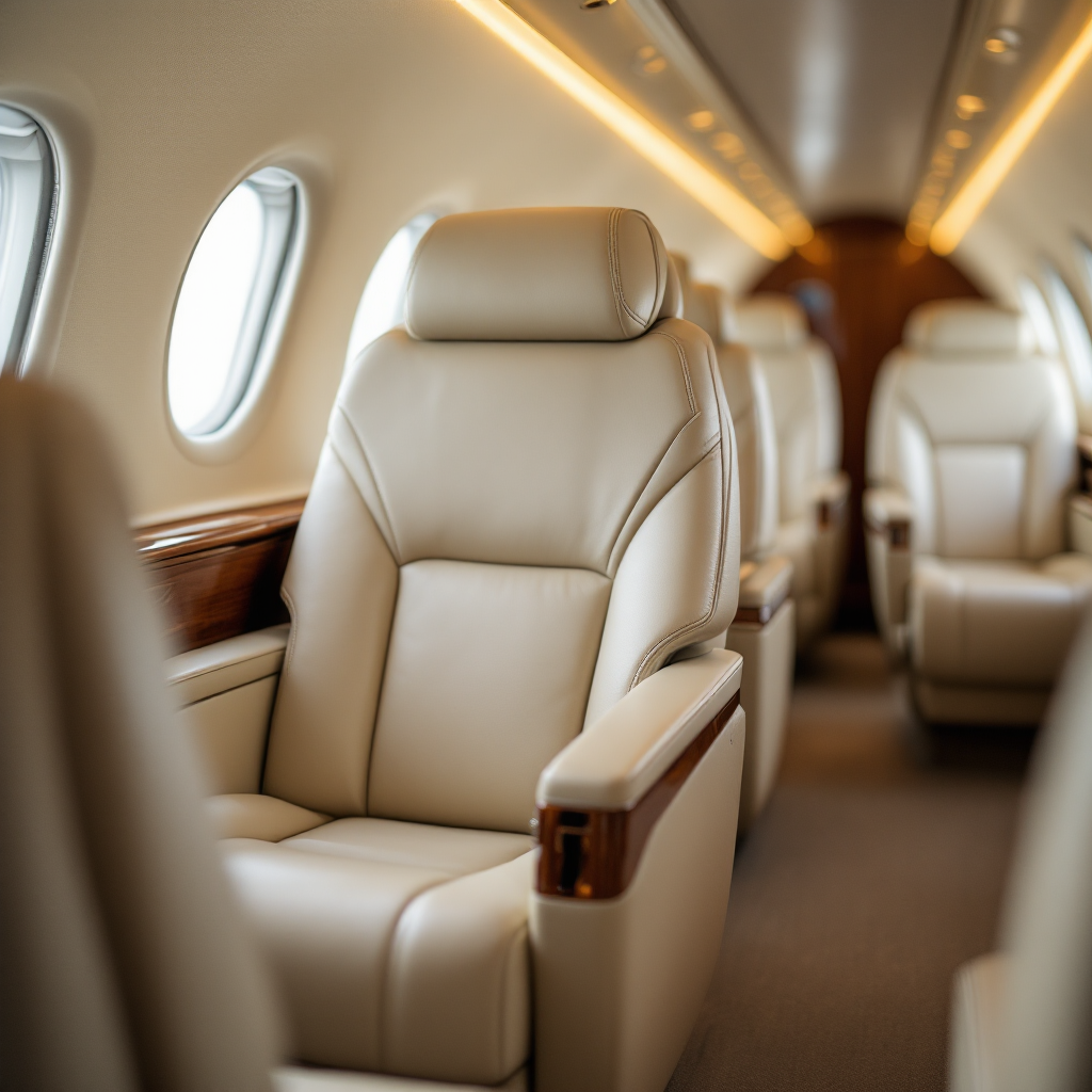 Private jet cabin interior with leather seats and wood veneer finishes