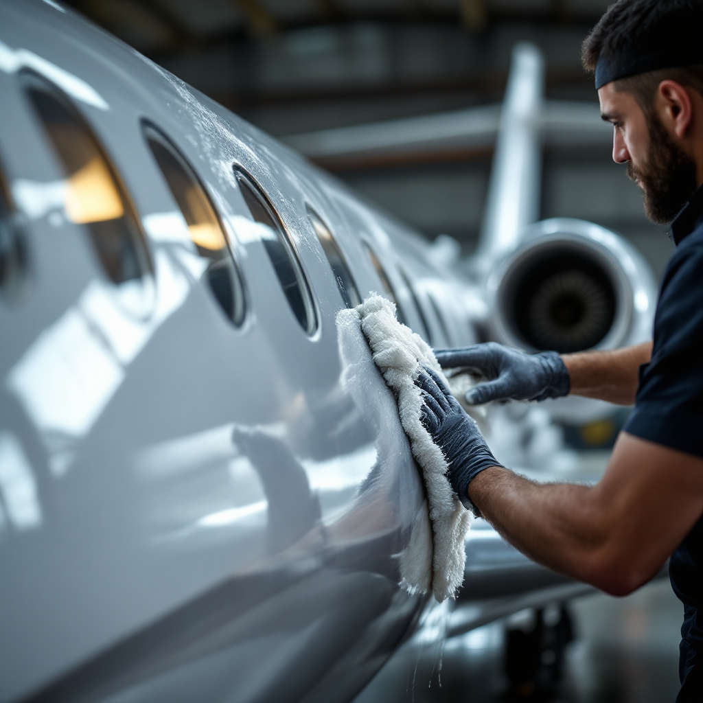 Private jet exterior being carefully cleaned
