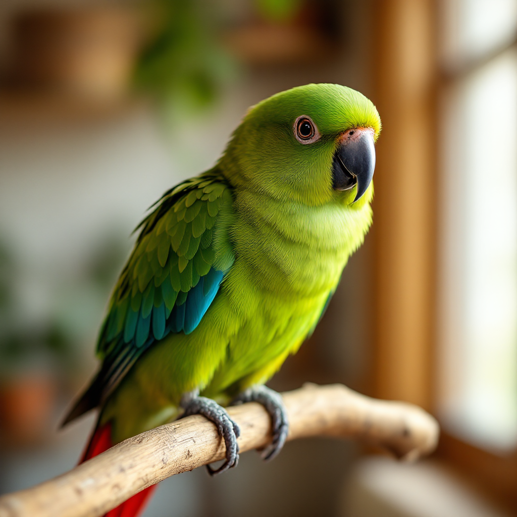 Close-up of a vibrant Green Cheek Conure with bright green, red, and blue plumage