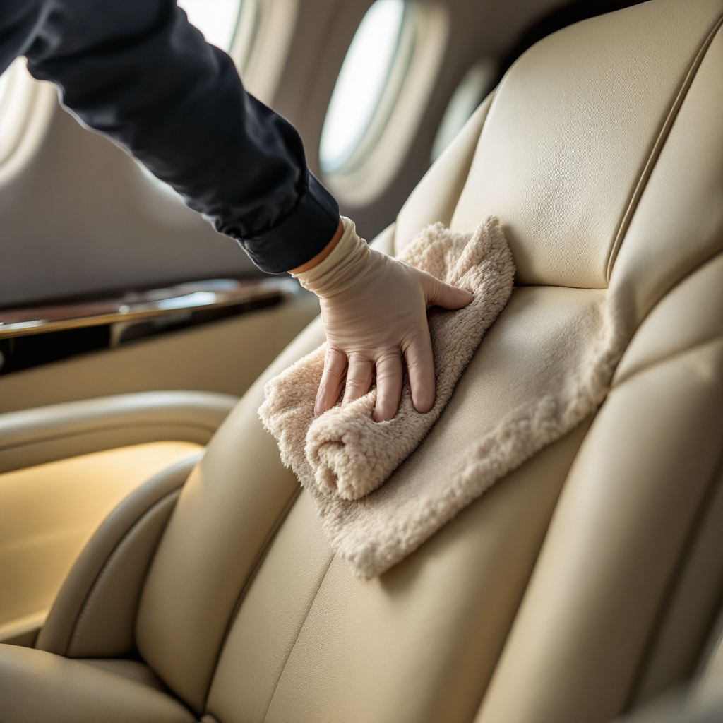Professional cleaning of aircraft cabin leather seat