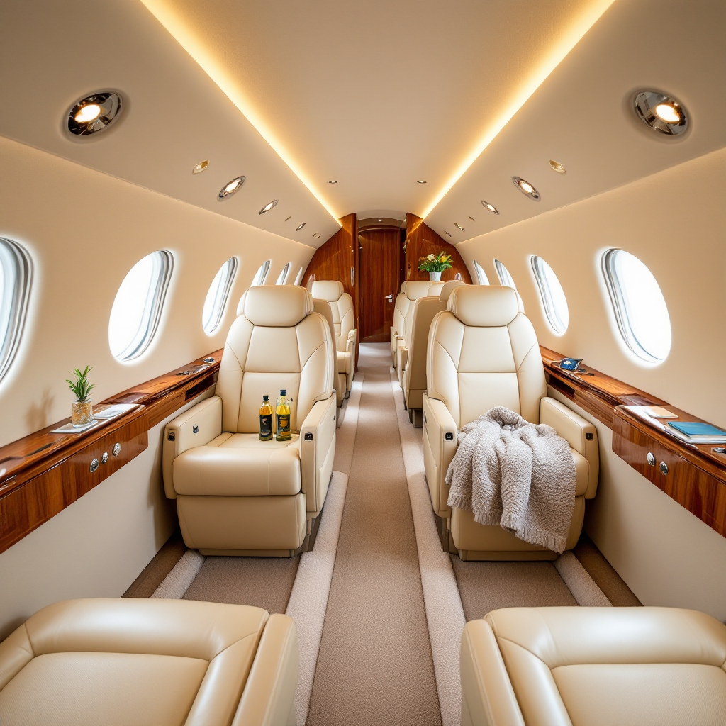 Pristine private jet cabin interior after professional cleaning