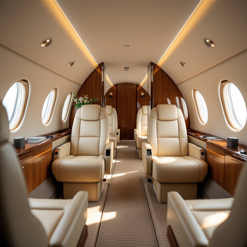Private jet cabin interior with leather seats and polished surfaces