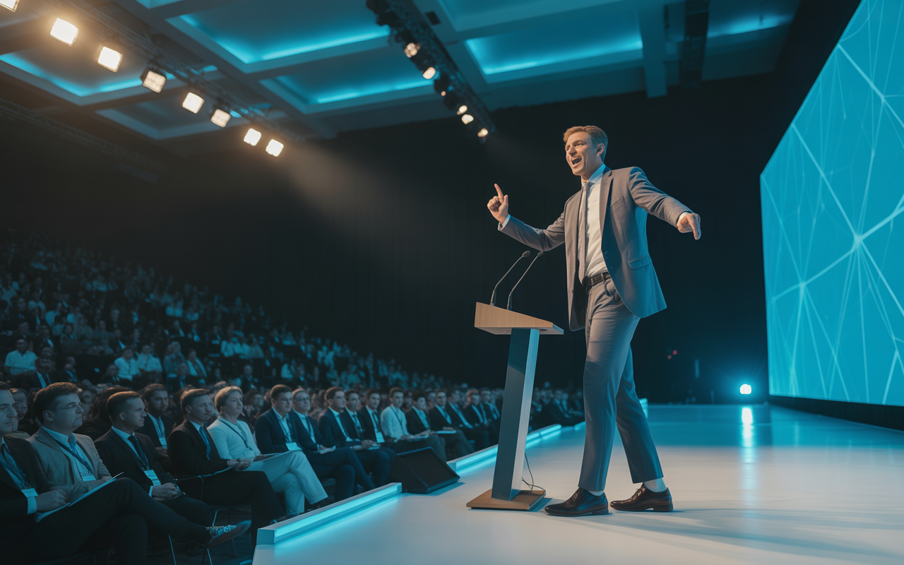 Keynote speaker presenting on stage at a technology conference